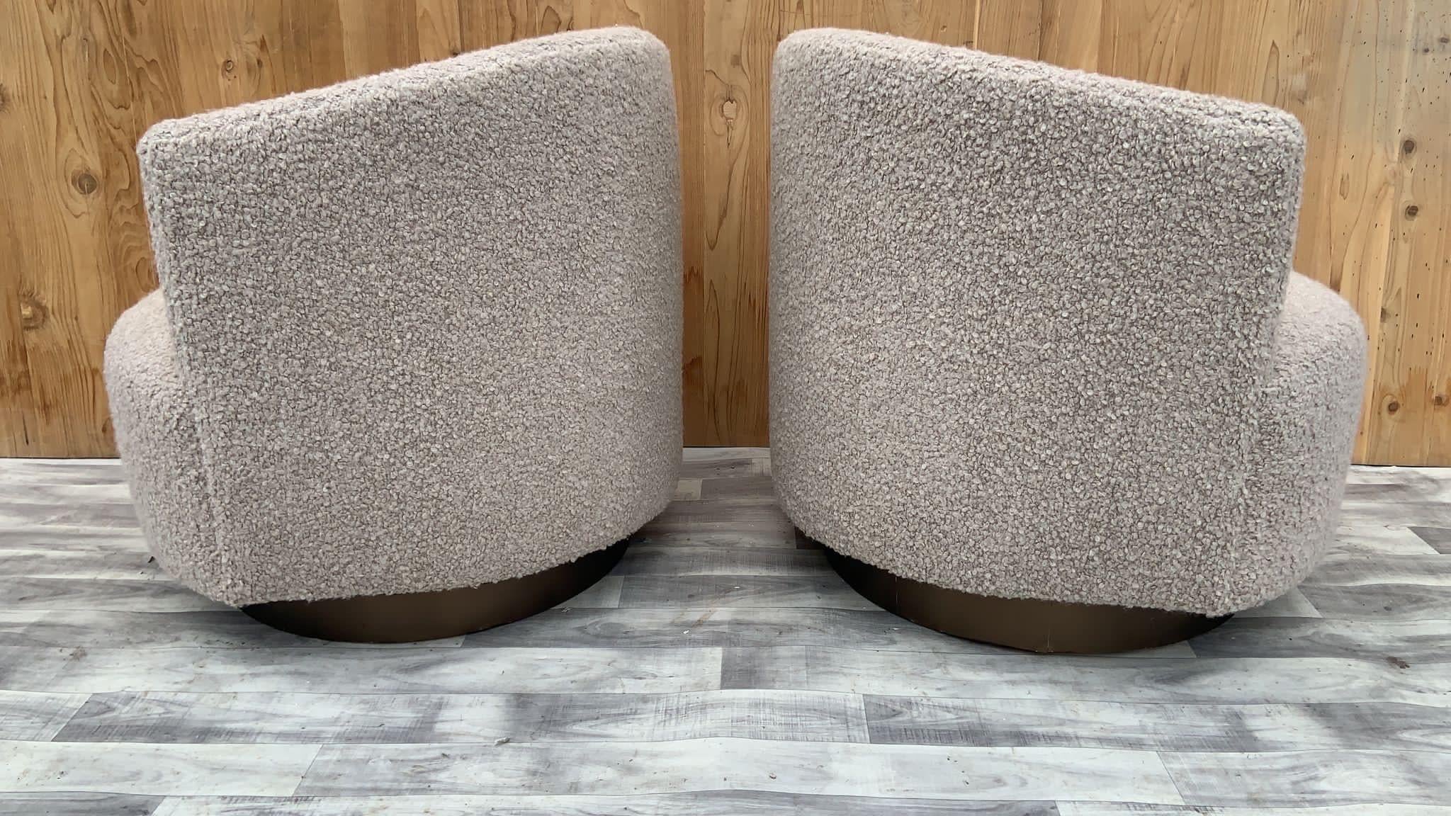 Bronze Post Modern Asymmetrical Barrel Back Swivel Chairs Newly Reupholstered, Pair