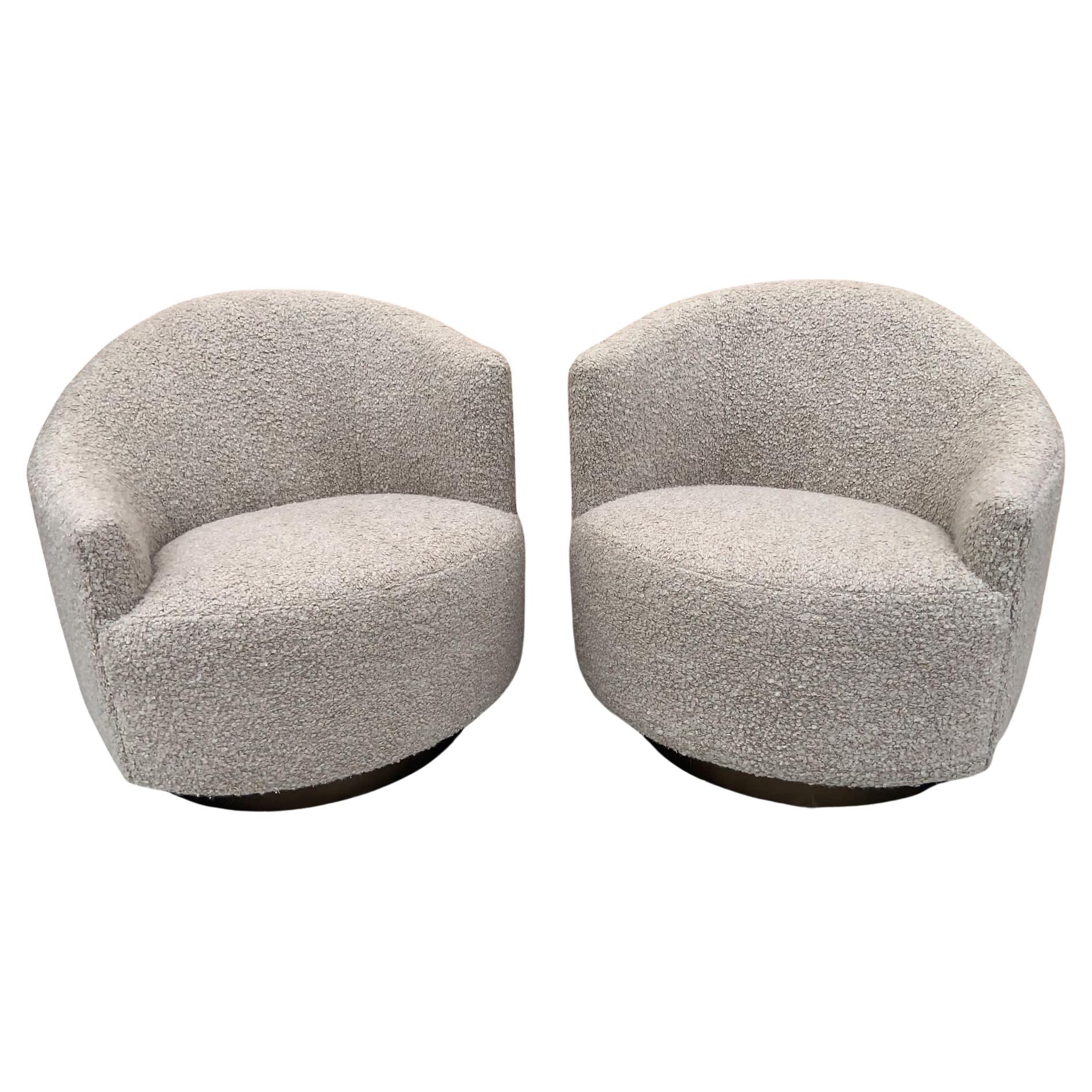 Post Modern Asymmetrical Barrel Back Swivel Chairs Newly Reupholstered, Pair