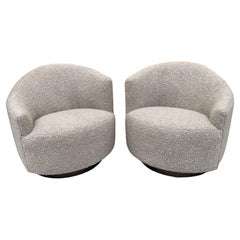 Post Modern Asymmetrical Barrel Back Swivel Chairs Newly Reupholstered, Pair