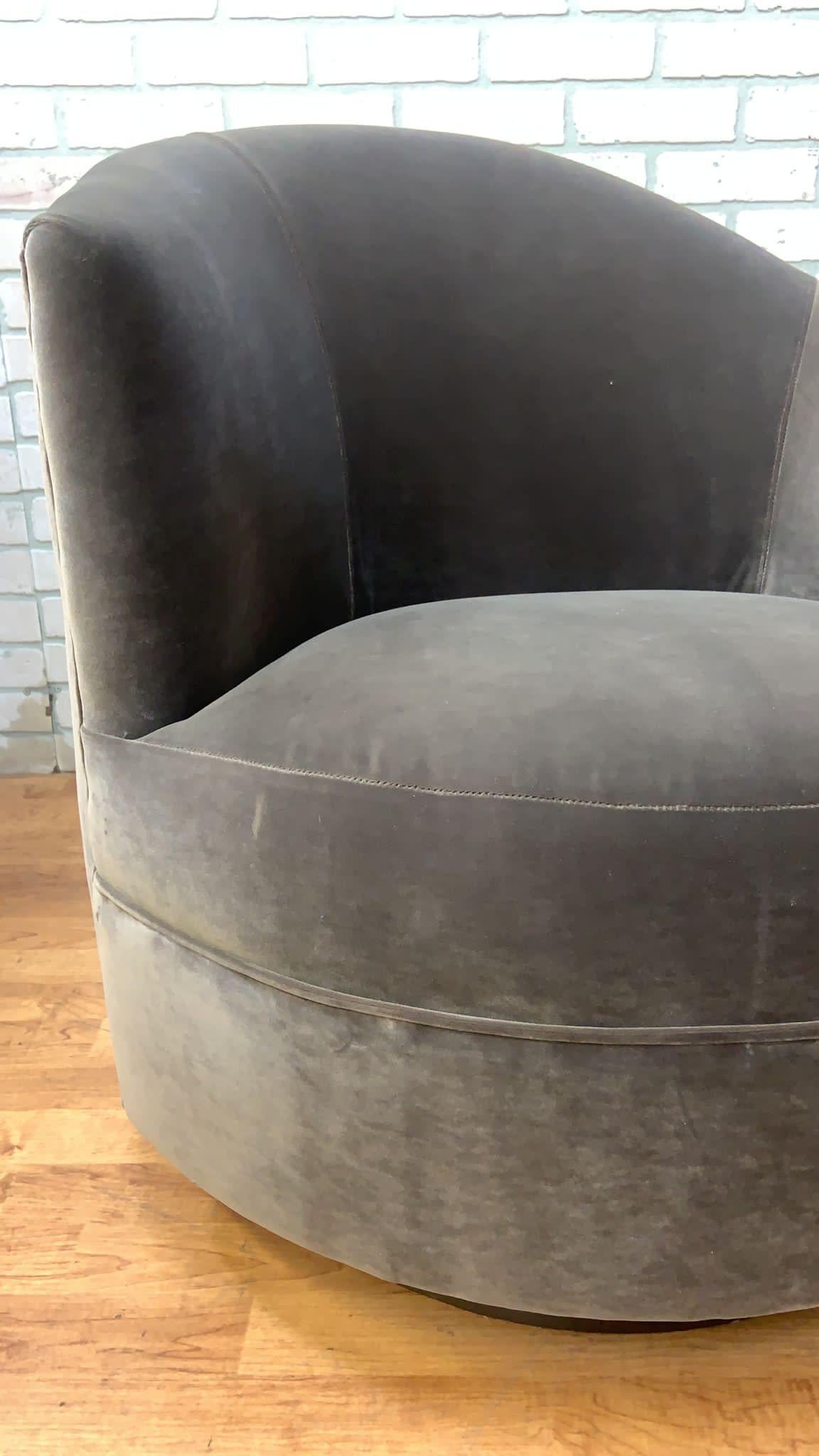 Post Modern Asymmetrical Velvet Barrel Back Swivel Chairs on Bronze Base - Pair For Sale 3