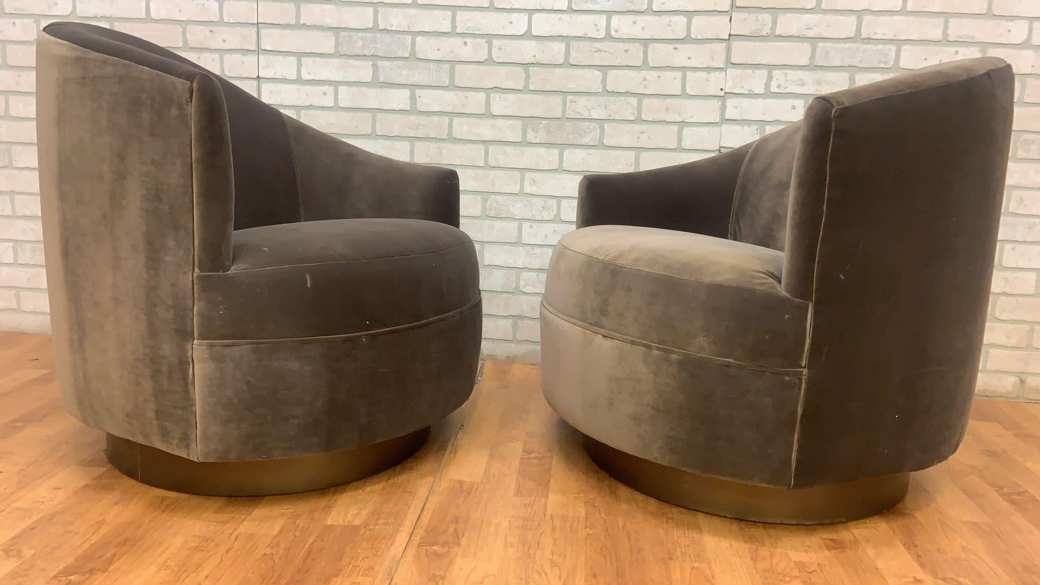 Post Modern Asymmetrical Velvet Barrel Back Swivel Chairs on Bronze Base - Pair For Sale 5