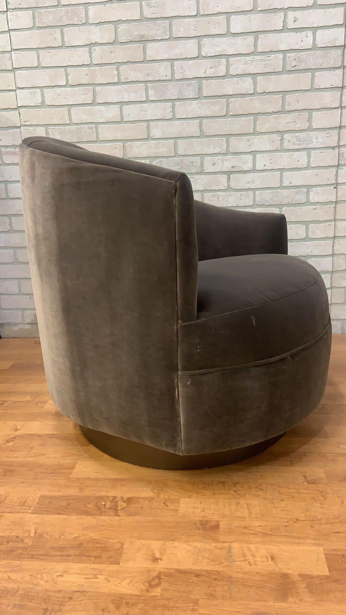 Post Modern Asymmetrical Velvet Barrel Back Swivel Chairs on Bronze Base - Pair For Sale 6