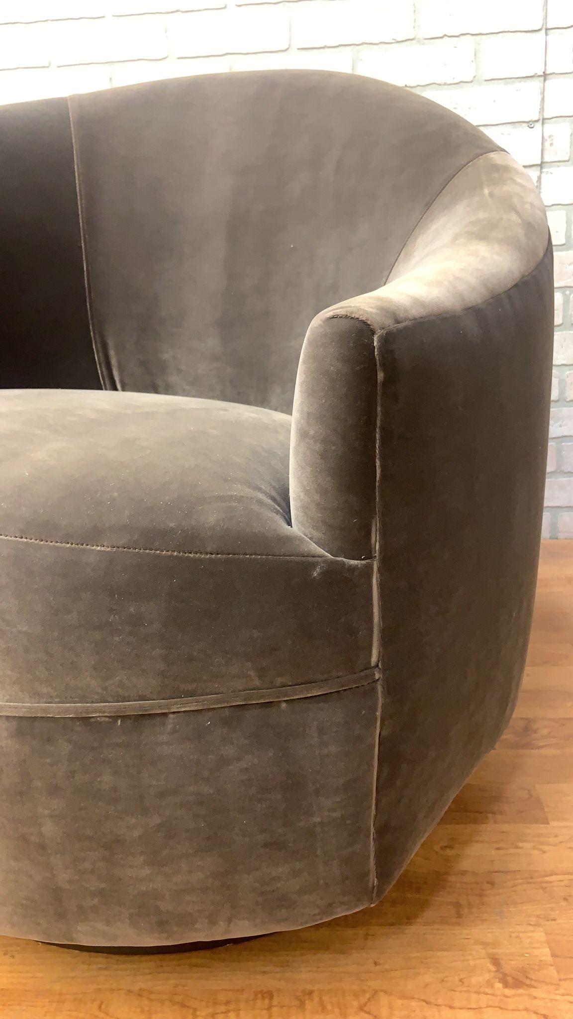 American Post Modern Asymmetrical Velvet Barrel Back Swivel Chairs on Bronze Base - Pair For Sale