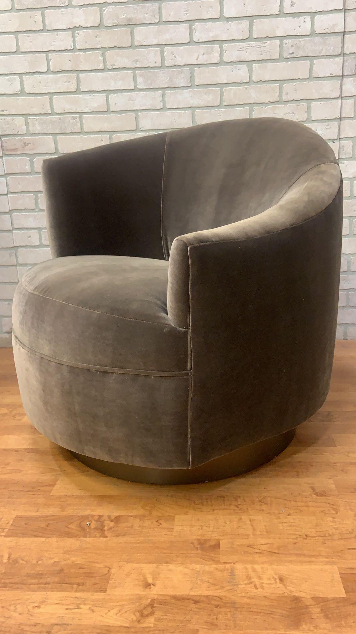 Post Modern Asymmetrical Velvet Barrel Back Swivel Chairs on Bronze Base - Pair In Good Condition For Sale In Chicago, IL