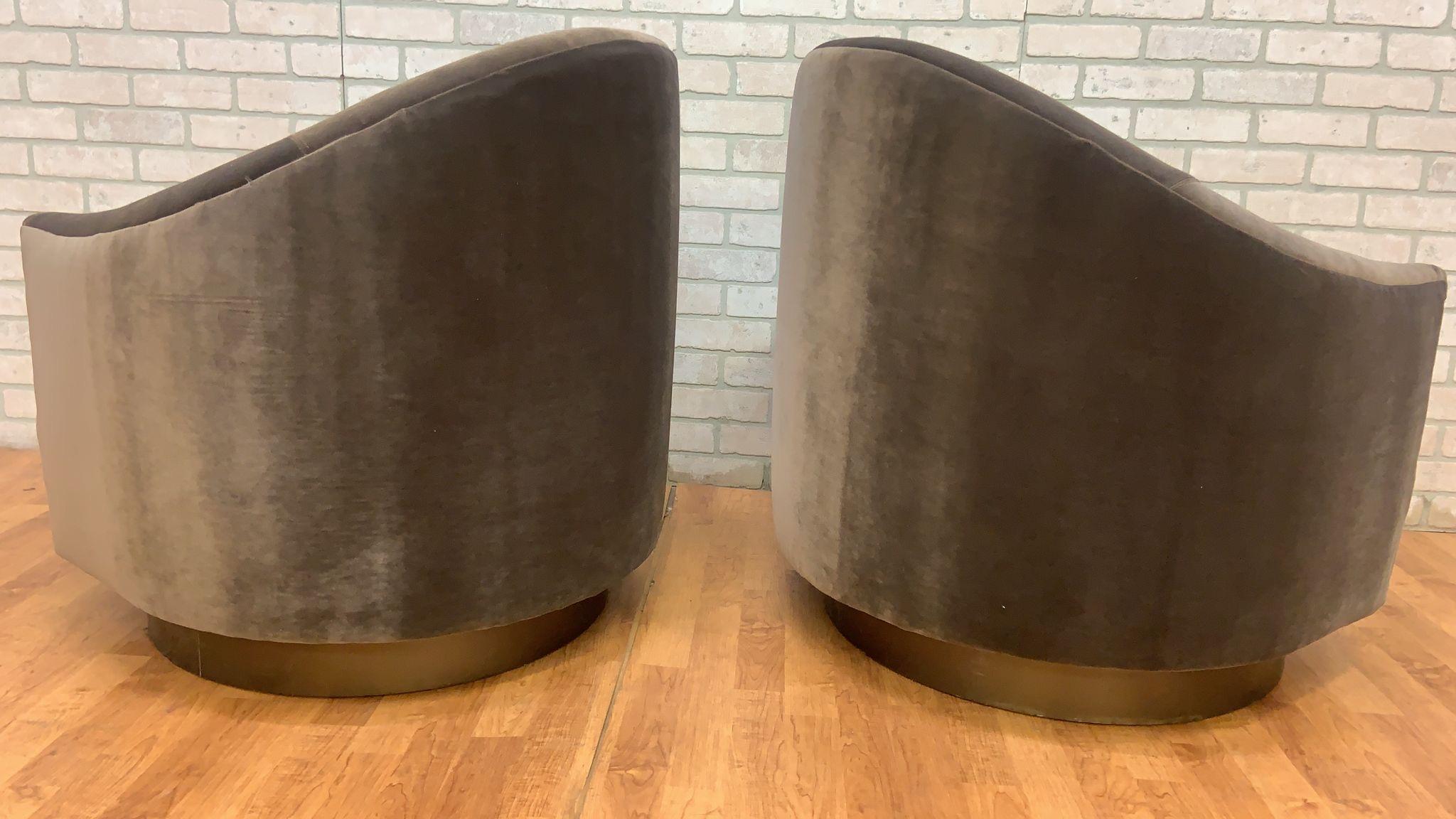 20th Century Post Modern Asymmetrical Velvet Barrel Back Swivel Chairs on Bronze Base - Pair For Sale