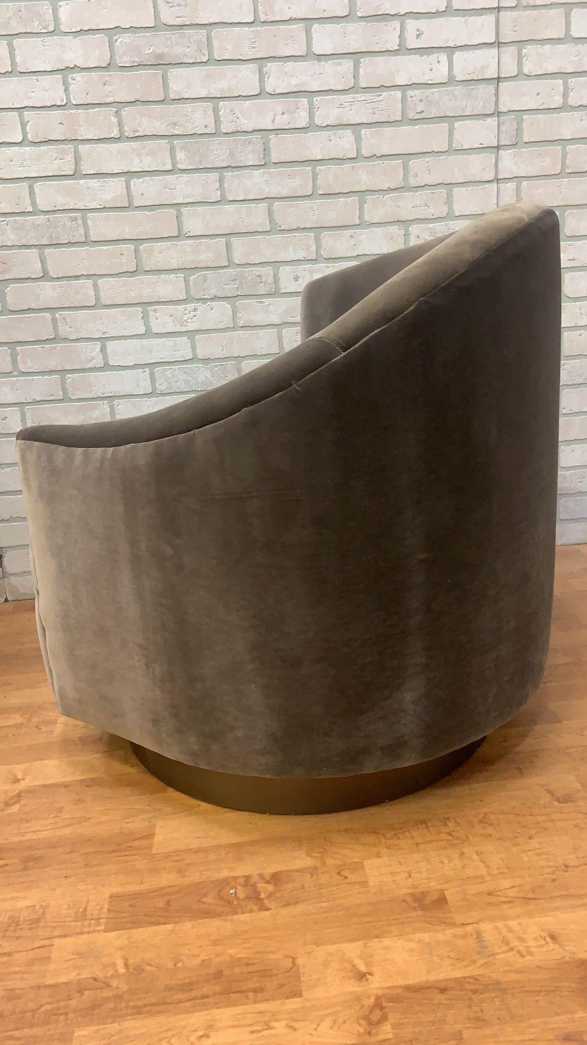 Post Modern Asymmetrical Velvet Barrel Back Swivel Chairs on Bronze Base - Pair For Sale 1