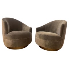 Post Modern Asymmetrical Velvet Barrel Back Swivel Chairs on Bronze Base - Pair