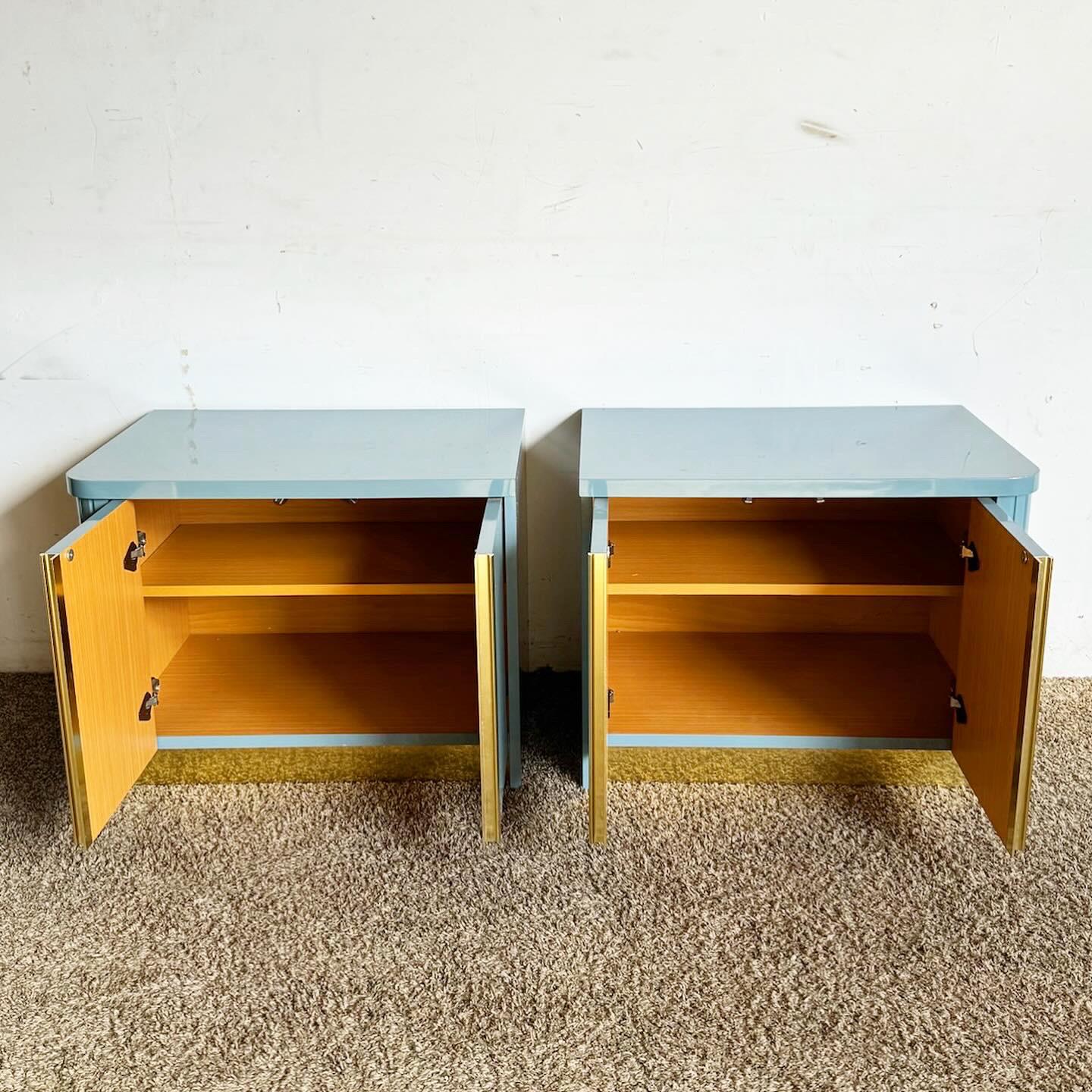 Italian Postmodern Baby Blue Lacquered Nightstands With Gold Accents – a Pair For Sale 4