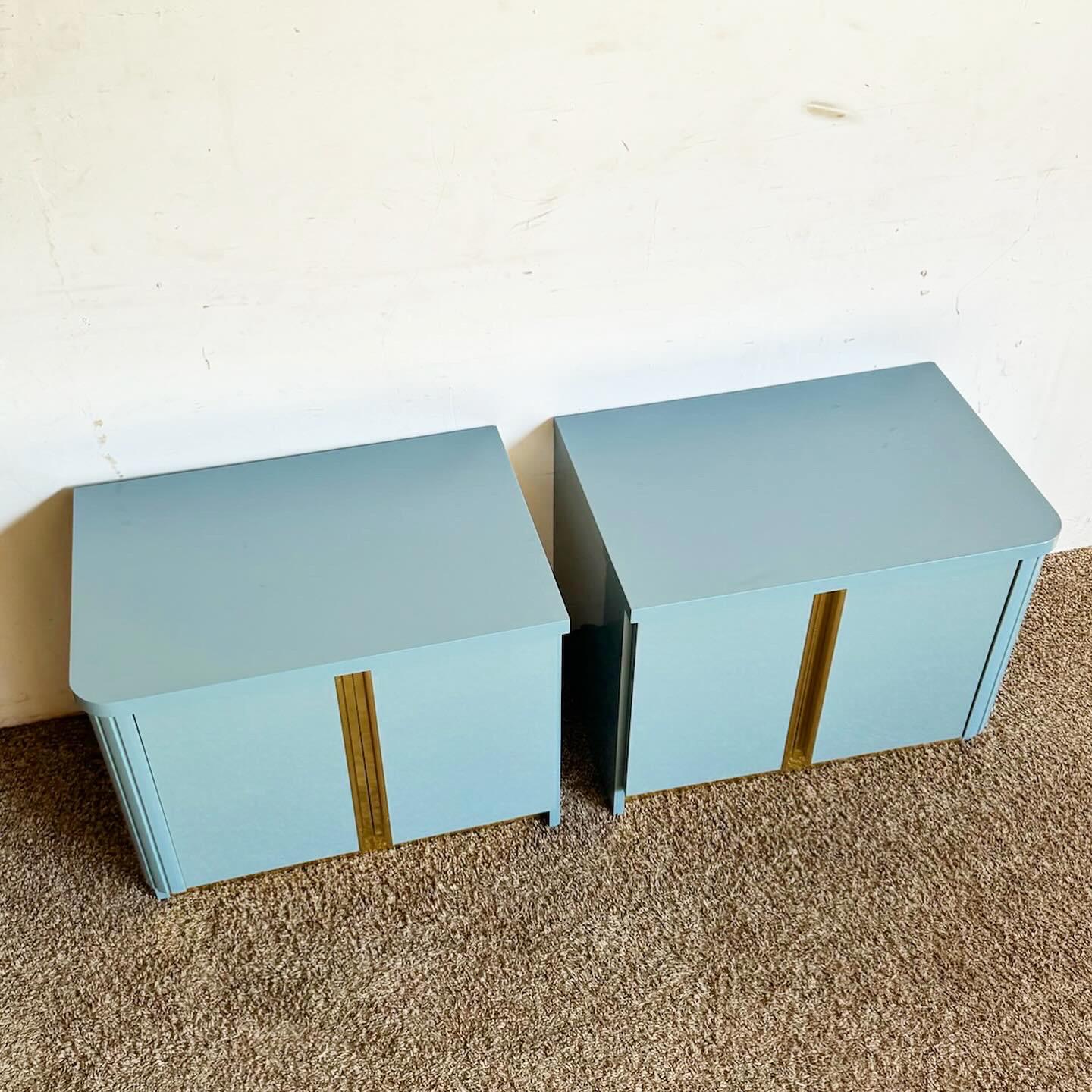 Italian Postmodern Baby Blue Lacquered Nightstands With Gold Accents – a Pair For Sale 5