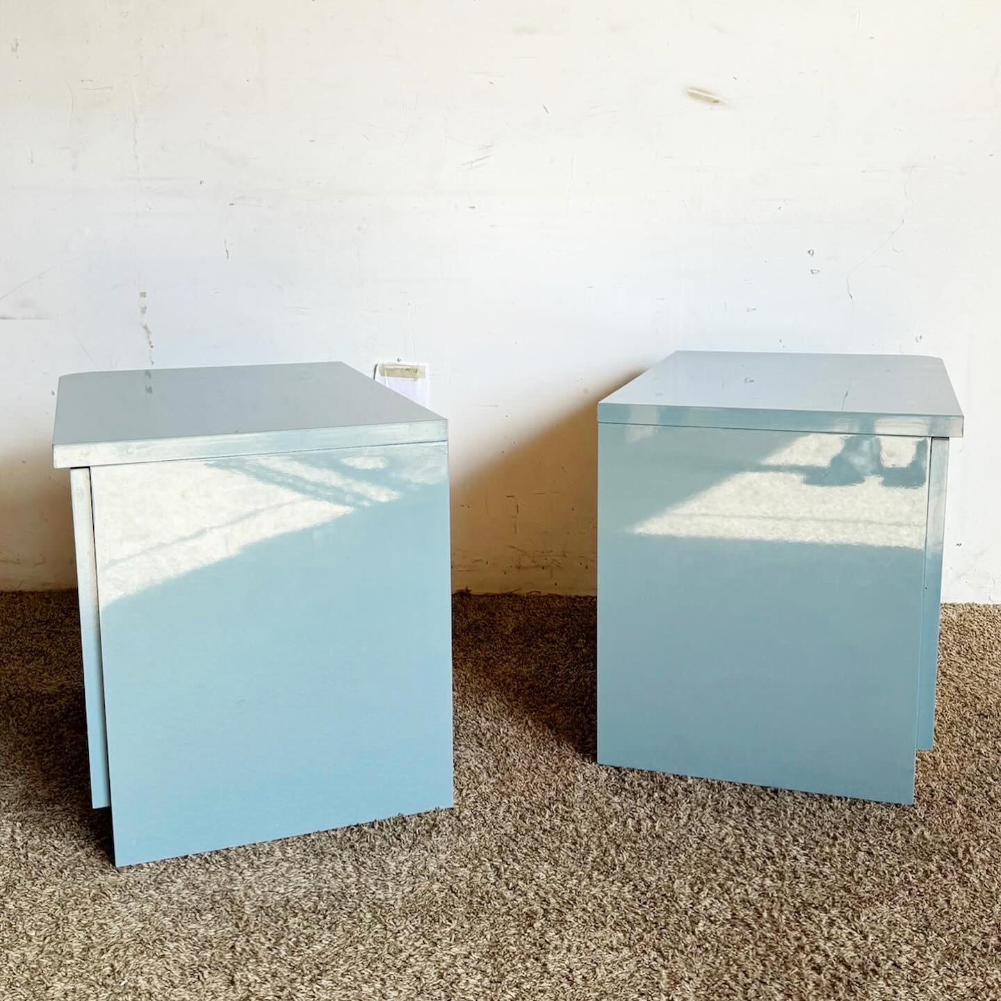 Wood Italian Postmodern Baby Blue Lacquered Nightstands With Gold Accents – a Pair For Sale
