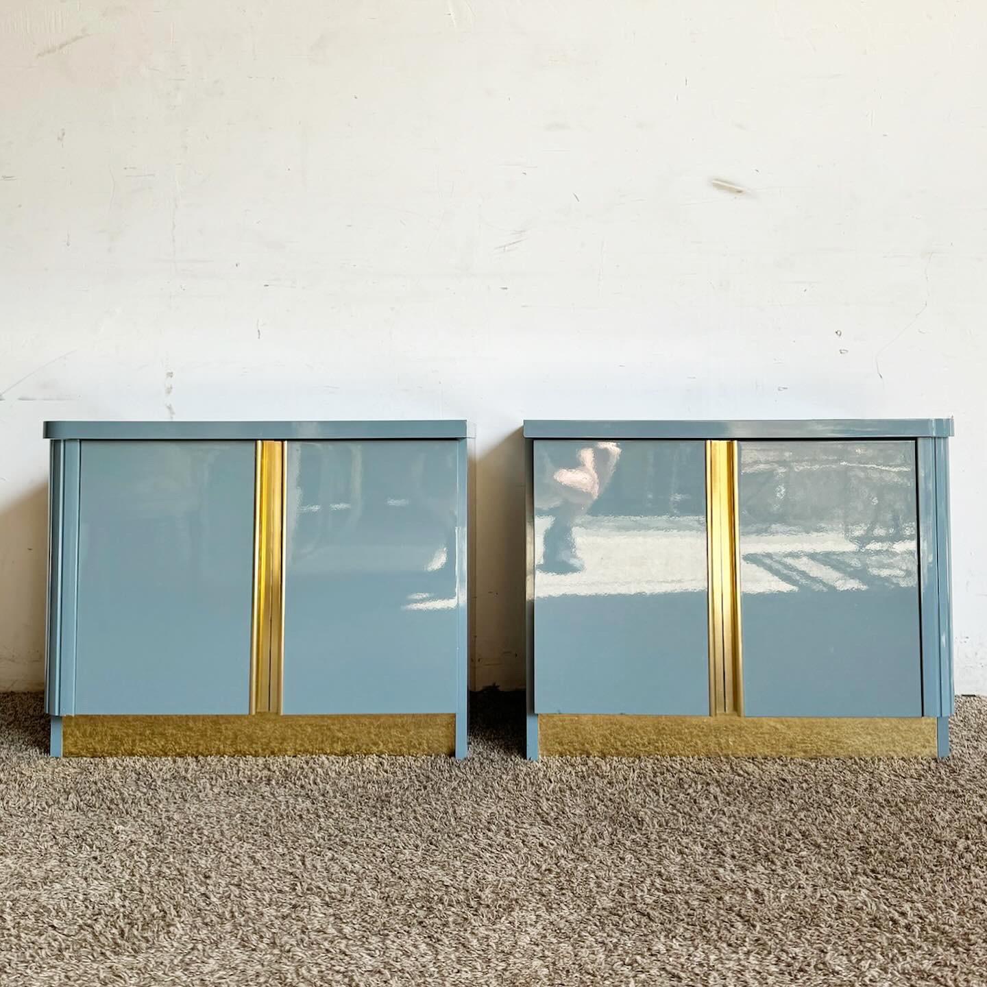Italian Postmodern Baby Blue Lacquered Nightstands With Gold Accents – a Pair For Sale 3