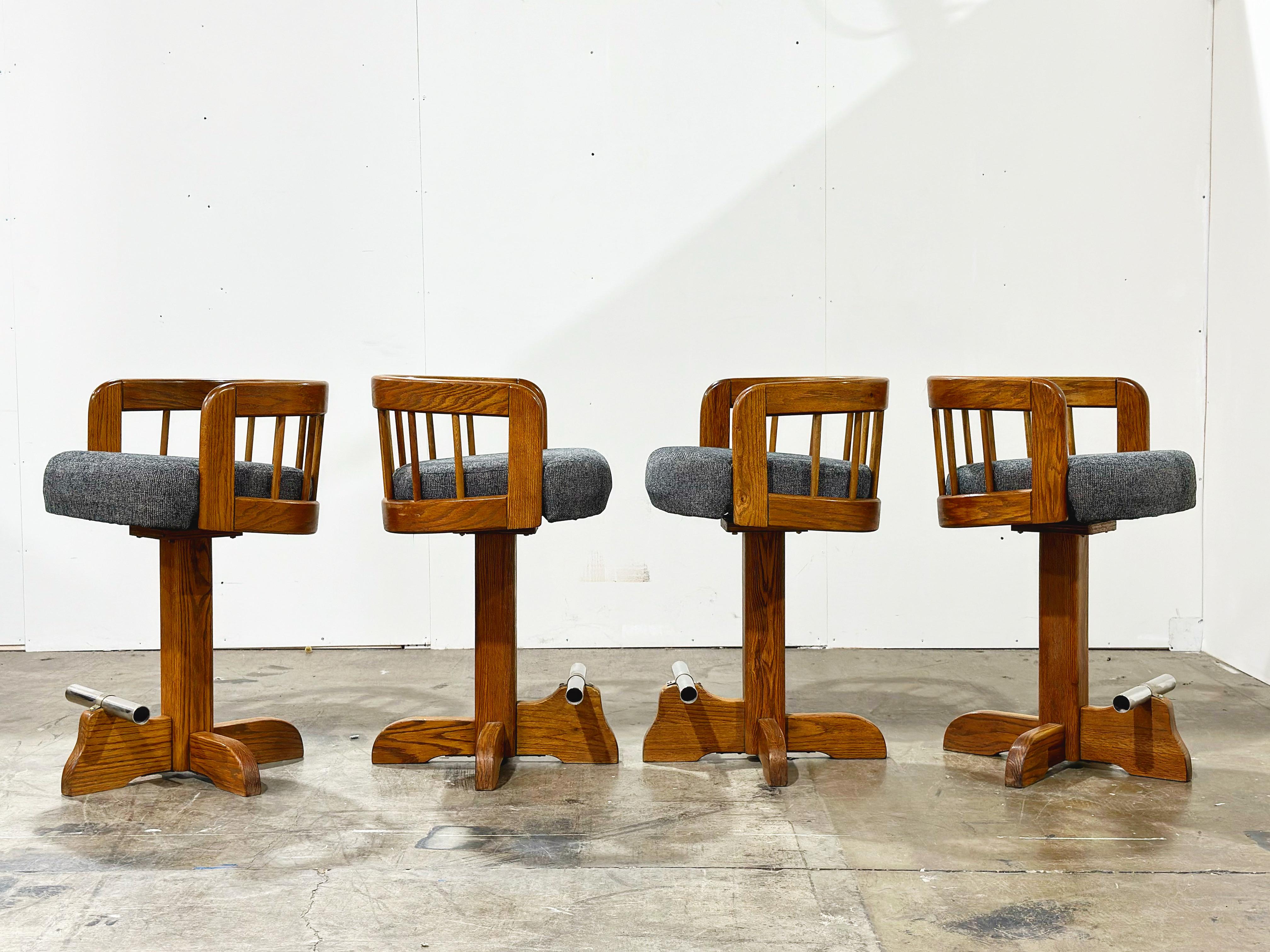 Late 20th Century Post Modern Bar Stools - Counter Height Swivel - Solid Oak - After Lou Hodges