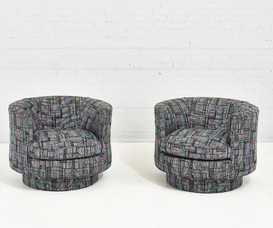 Postmodern barrel swivel chairs, 1980's. Original upholstery.