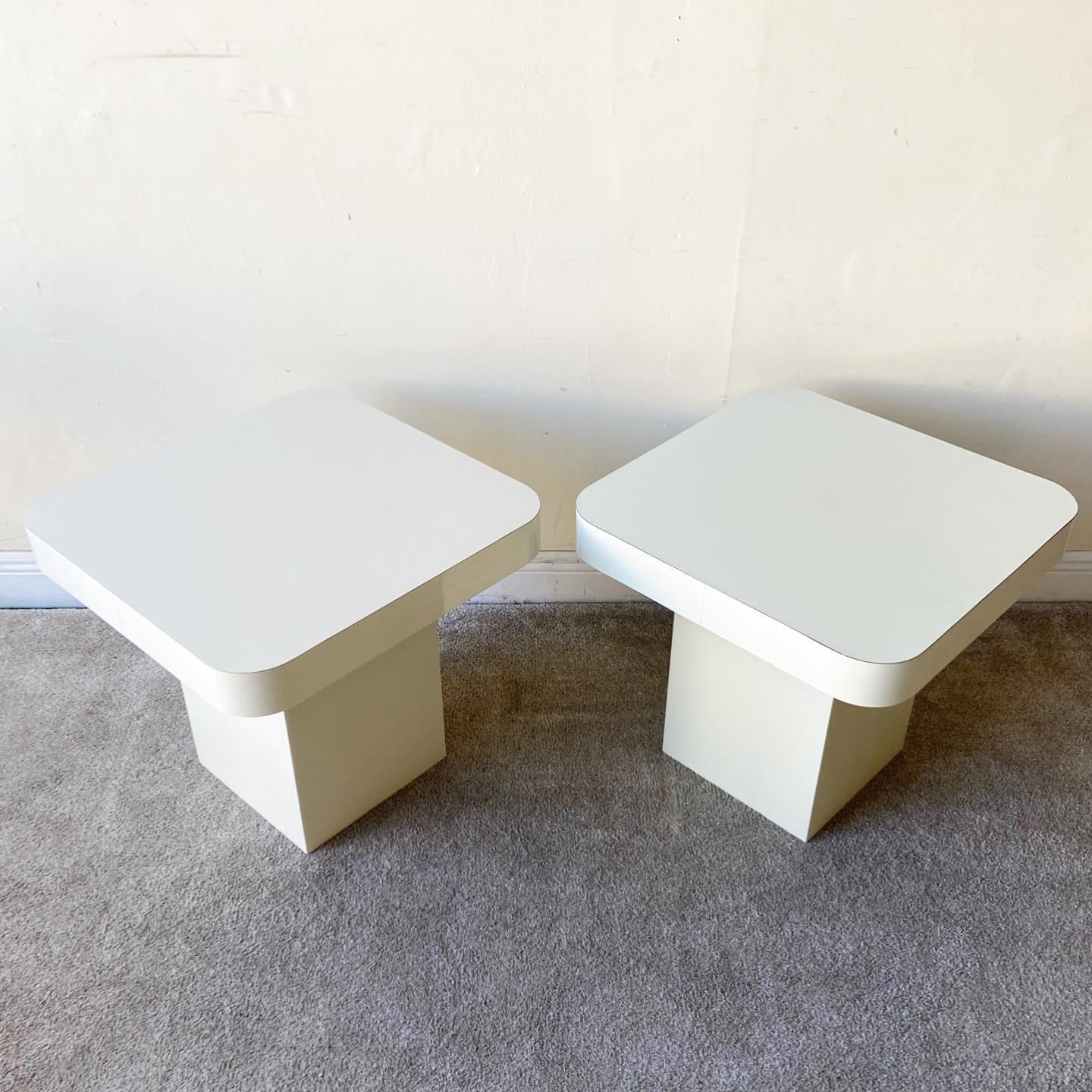 Post-Modern Post Modern Beige Laminate Square Mushroom Side Tables - a Pair For Sale