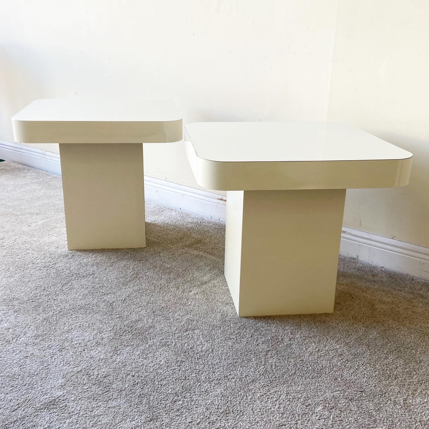 Late 20th Century Post Modern Beige Laminate Square Mushroom Side Tables - a Pair For Sale