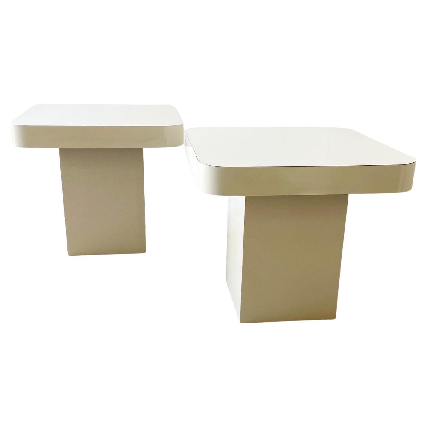 Post Modern Beige Laminate Square Mushroom Side Tables - a Pair