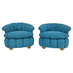 Post Modern Biscuit Tufted Pair Turquoise Lounge Chairs, 1980