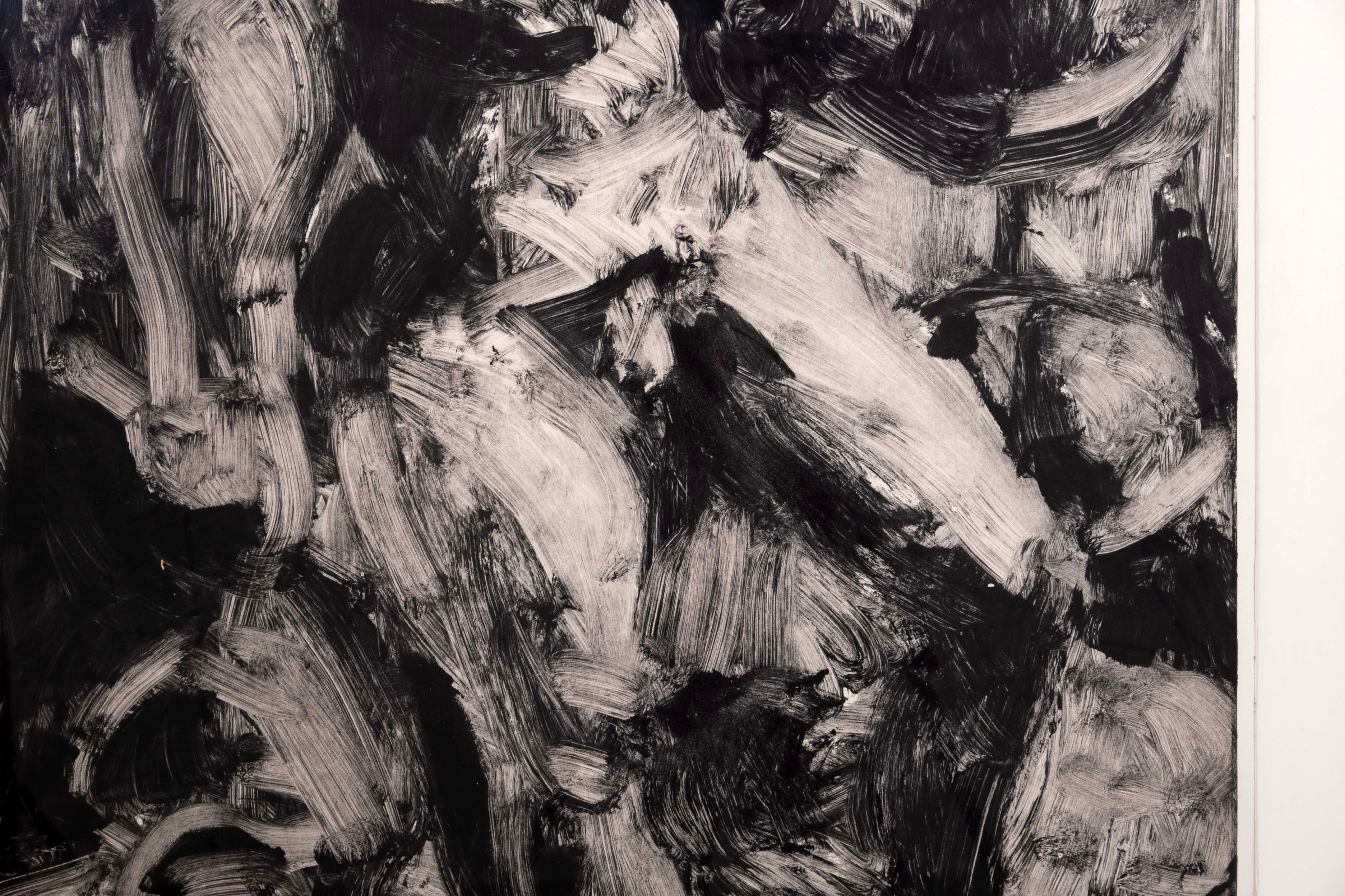 Postmoderner Schwarz-Weiß-Monogramm des abstrakten Expressionismus, signiert 1981, gerahmt (Papier) im Angebot