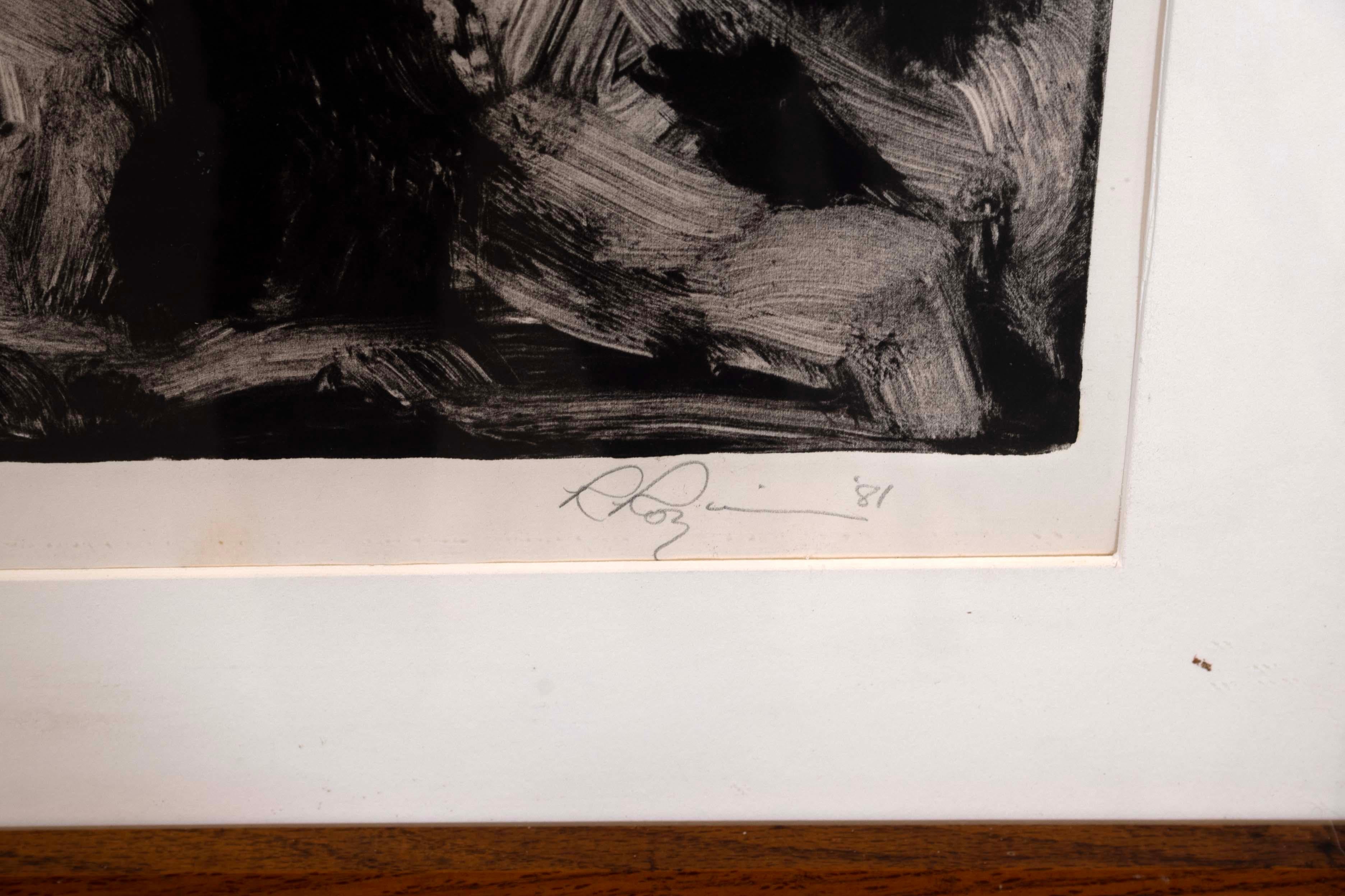 Postmoderner Schwarz-Weiß-Monogramm des abstrakten Expressionismus, signiert 1981, gerahmt im Angebot 2