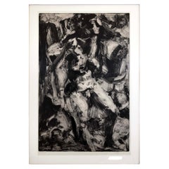 Post Modern Black and White Abstract Expressionist Monoprint Signed 1981 Framed