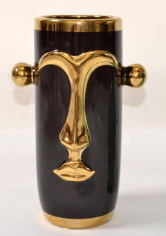 Post Modern Black Gold Glazed Stoneware Op Art Cylinder Face Vase With Handles