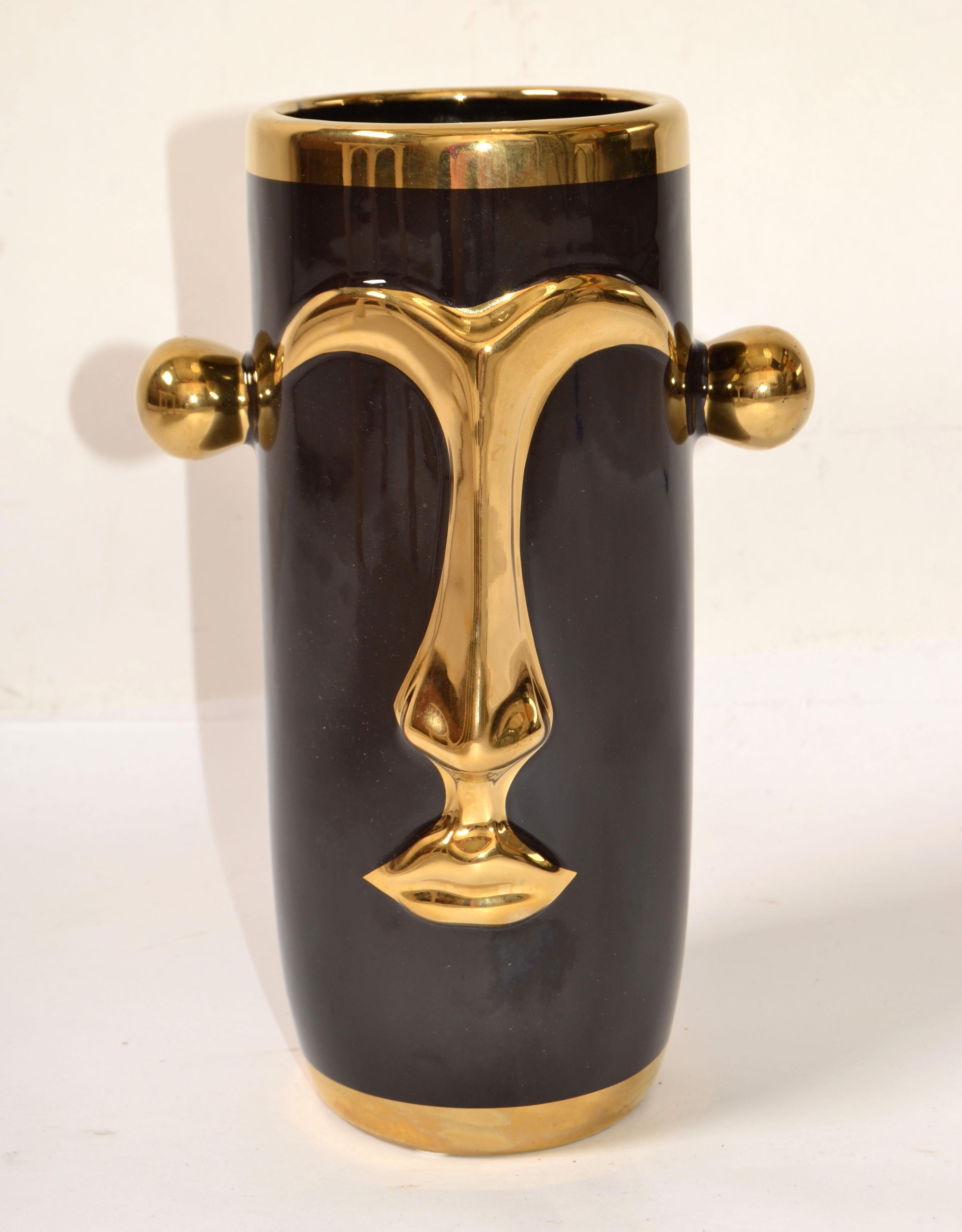 Vaso postmoderno a faccia cilindrica in gres Op Art smaltato oro nero con manici In condizioni buone in vendita a Miami, FL