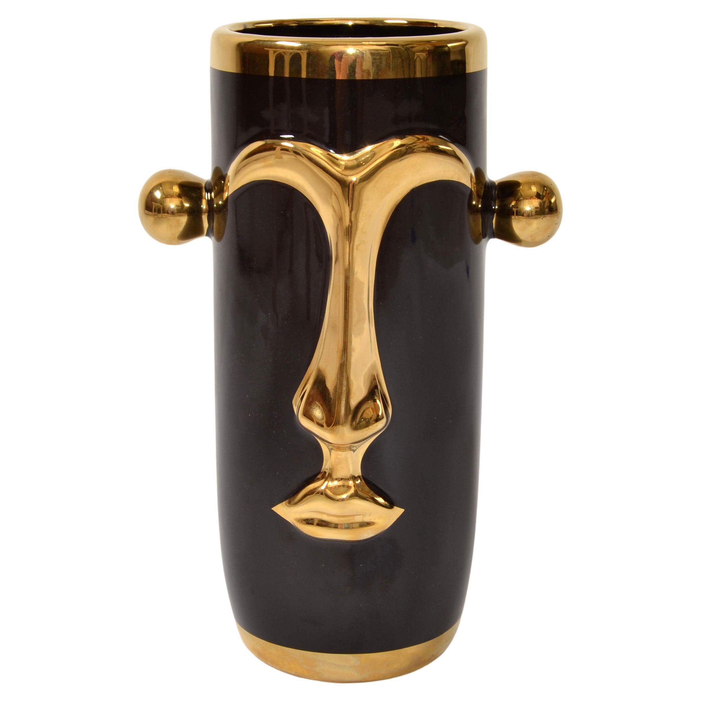 Vaso postmoderno a faccia cilindrica in gres Op Art smaltato oro nero con manici in vendita
