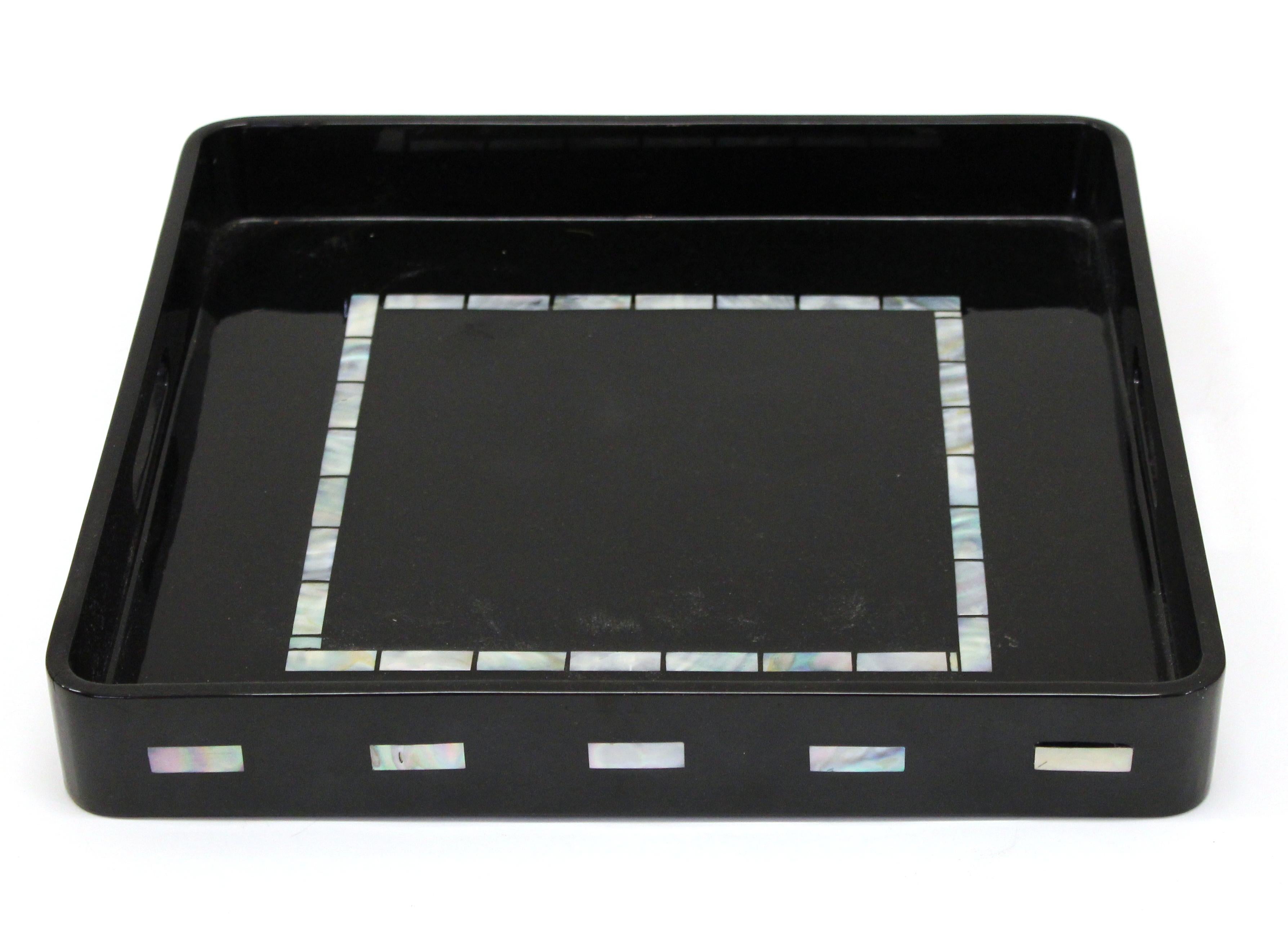Post-modern black lacquer square serving tray with mother-of-pearl inlay elements. Marked on the back.