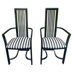 Post Modern Black Lacquered Armchairs, Upholstered Wood, 1980s Pair