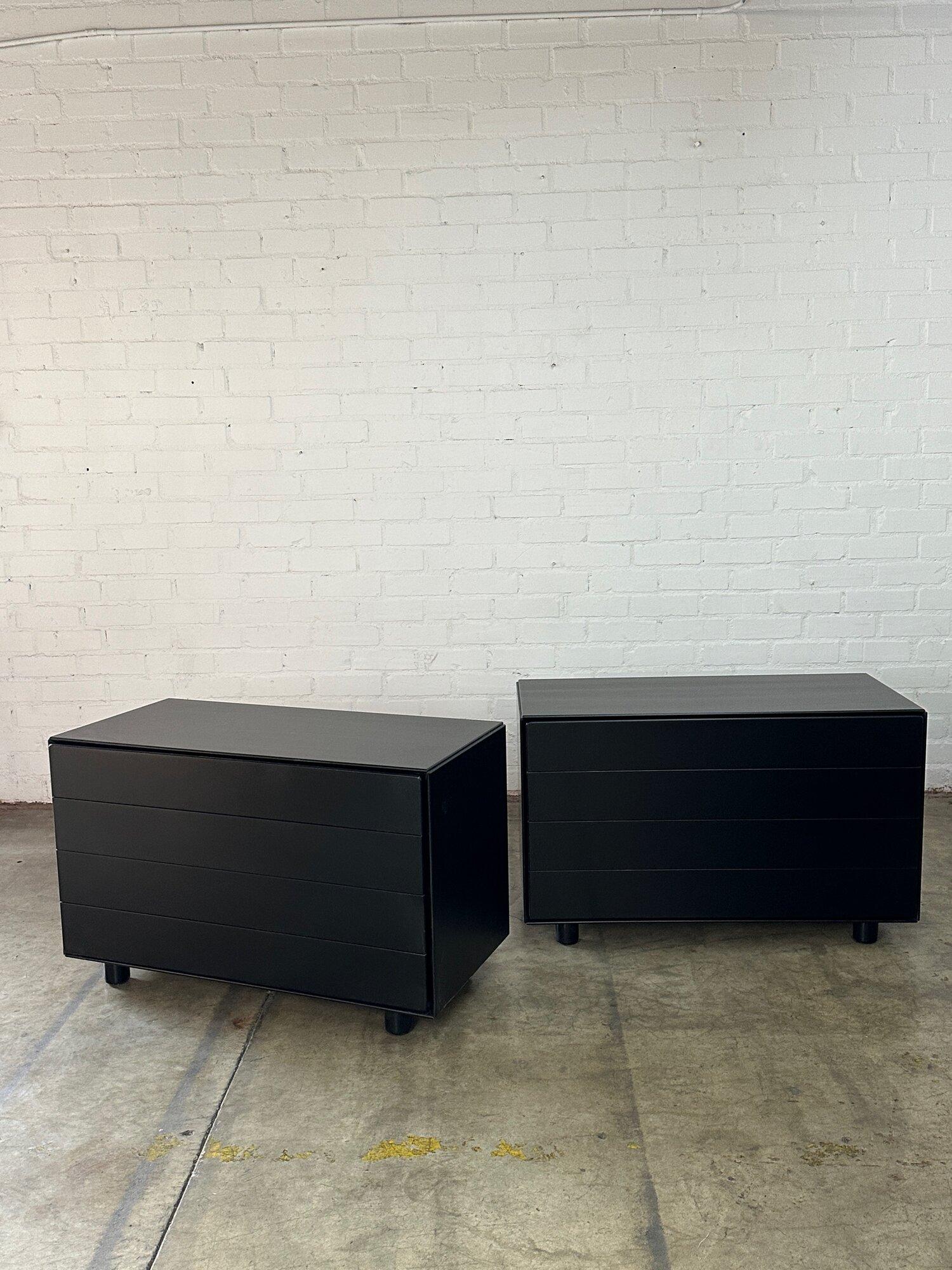 W43.5 D21 H27

1980’s Post Modern Black Lacquered Compact Dresser. Dresser features 4 drawers and sits on cylinder legs. Item has been lightly restored and is structurally sound.

Price is for each*

