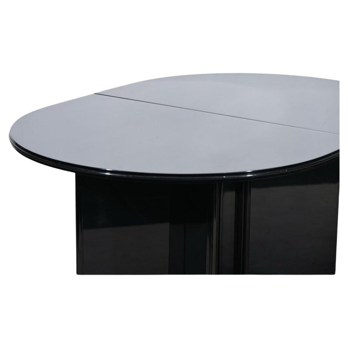 Woodwork Post Modern Black Lacquered Double Pedestal Oval Dining Table with Leaf For Sale