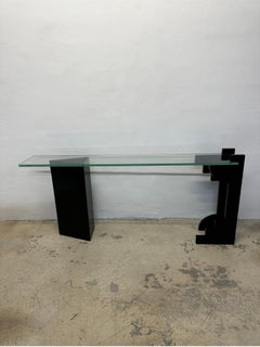 Post Modern Black Lacquered Glass Top Console Table, 1980s