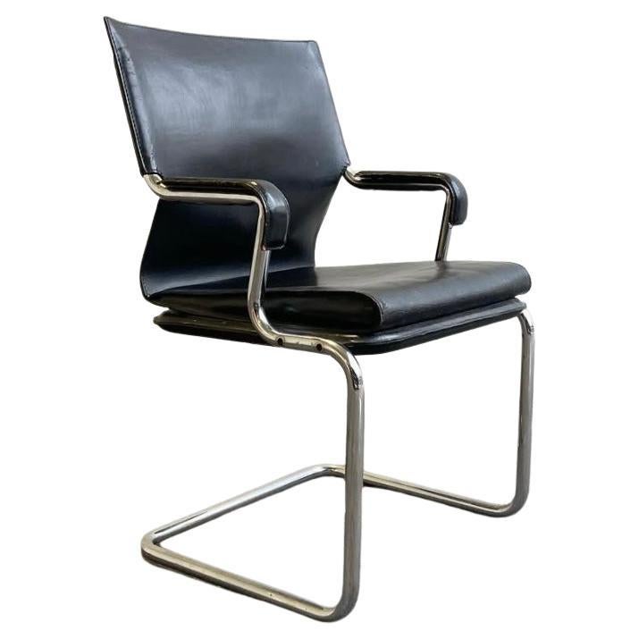 Post Modern Black Leather UNO chairs with chrome tube frame Archizoom