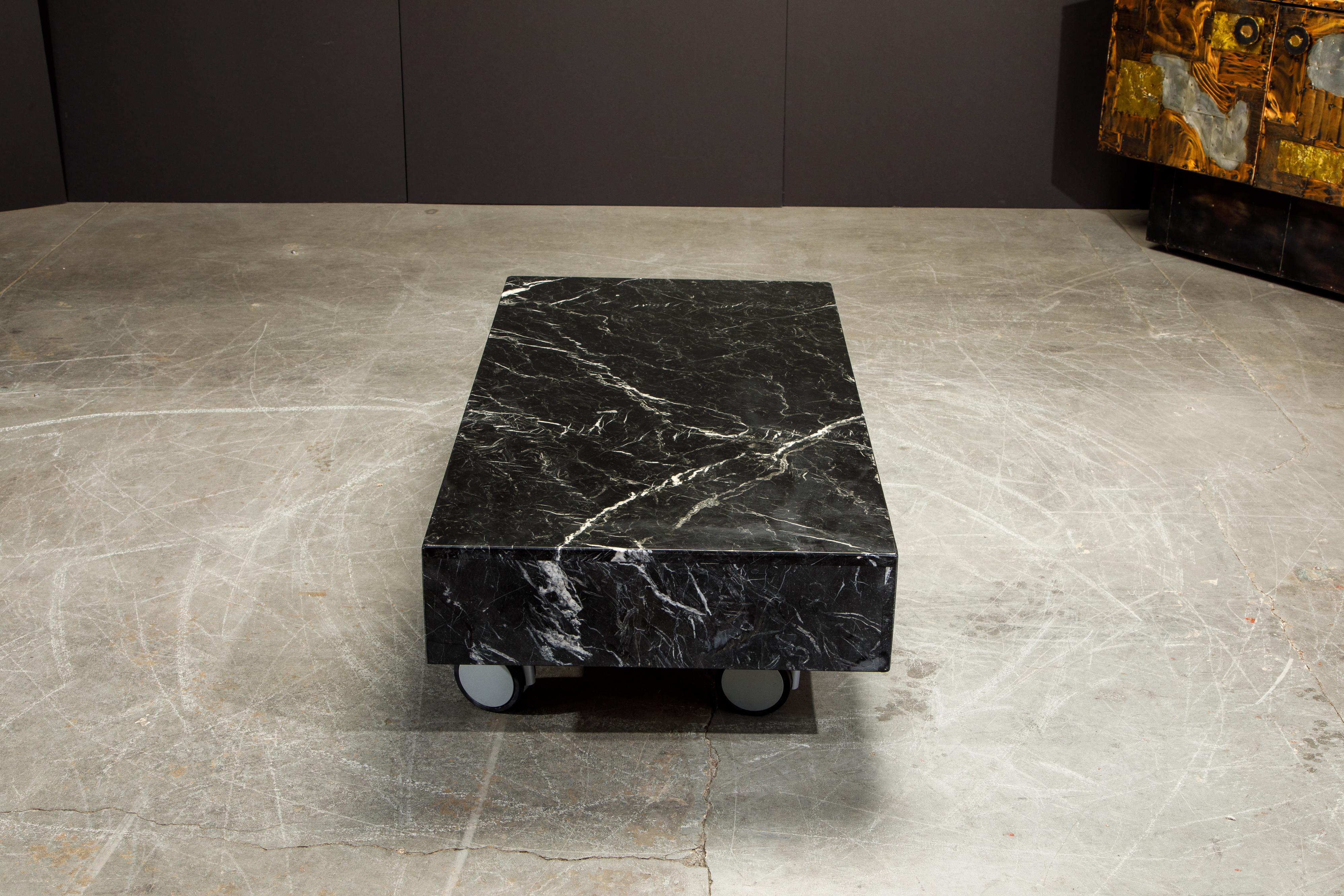 Post-Modern Black Marble Coffee Table on Casters, circa 1990 3