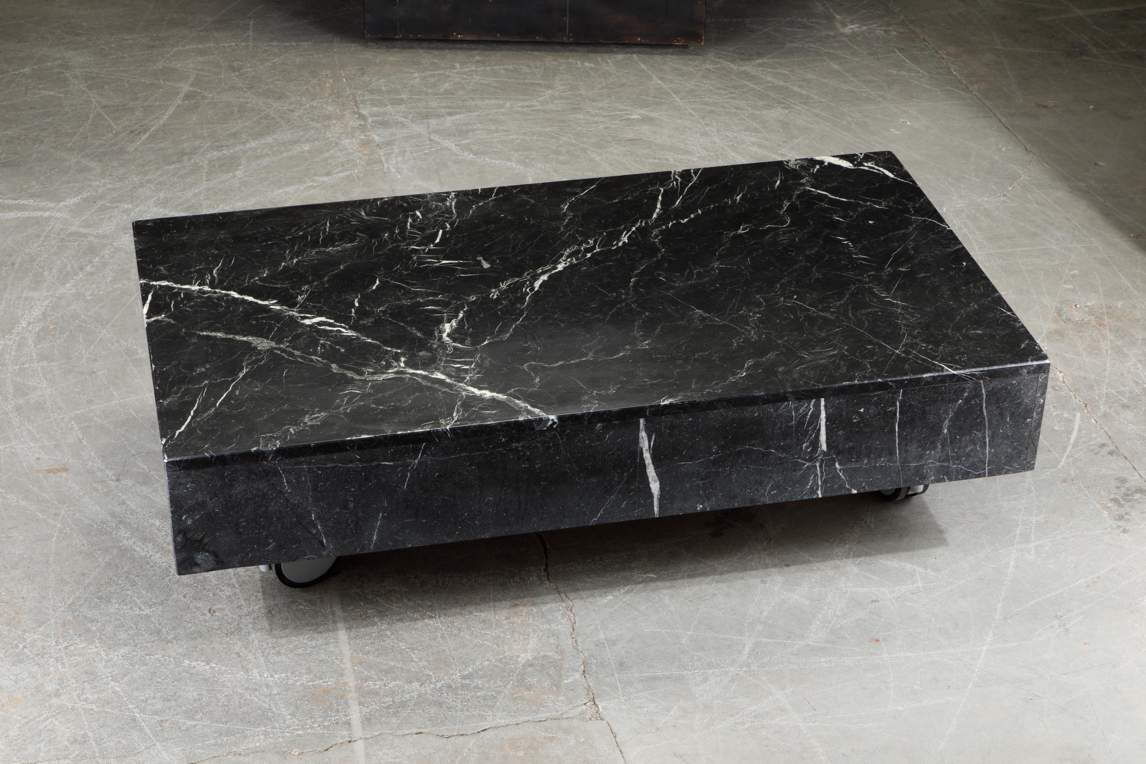 Post-Modern Black Marble Coffee Table on Casters, circa 1990 4