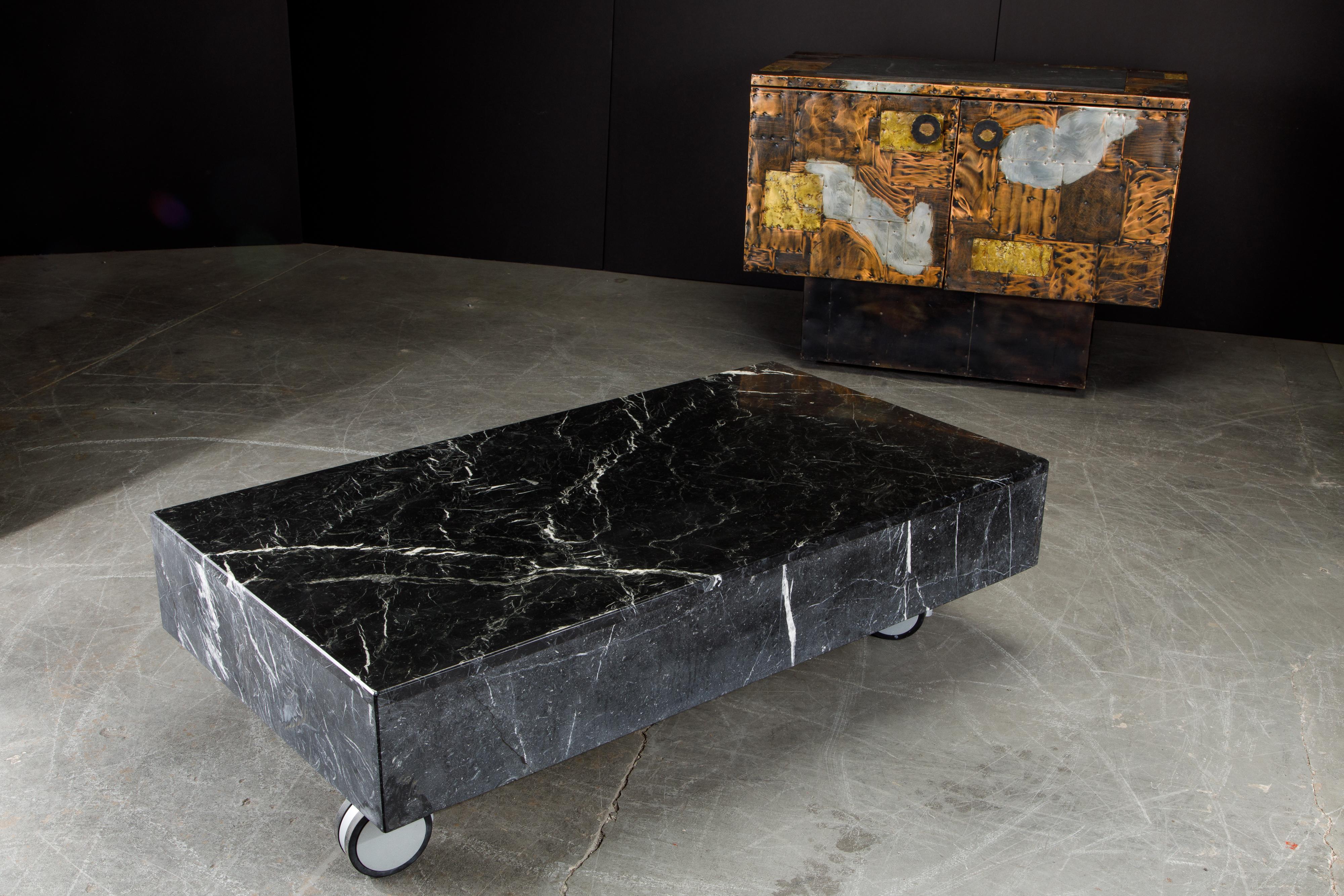 Post-Modern Black Marble Coffee Table on Casters, circa 1990 5