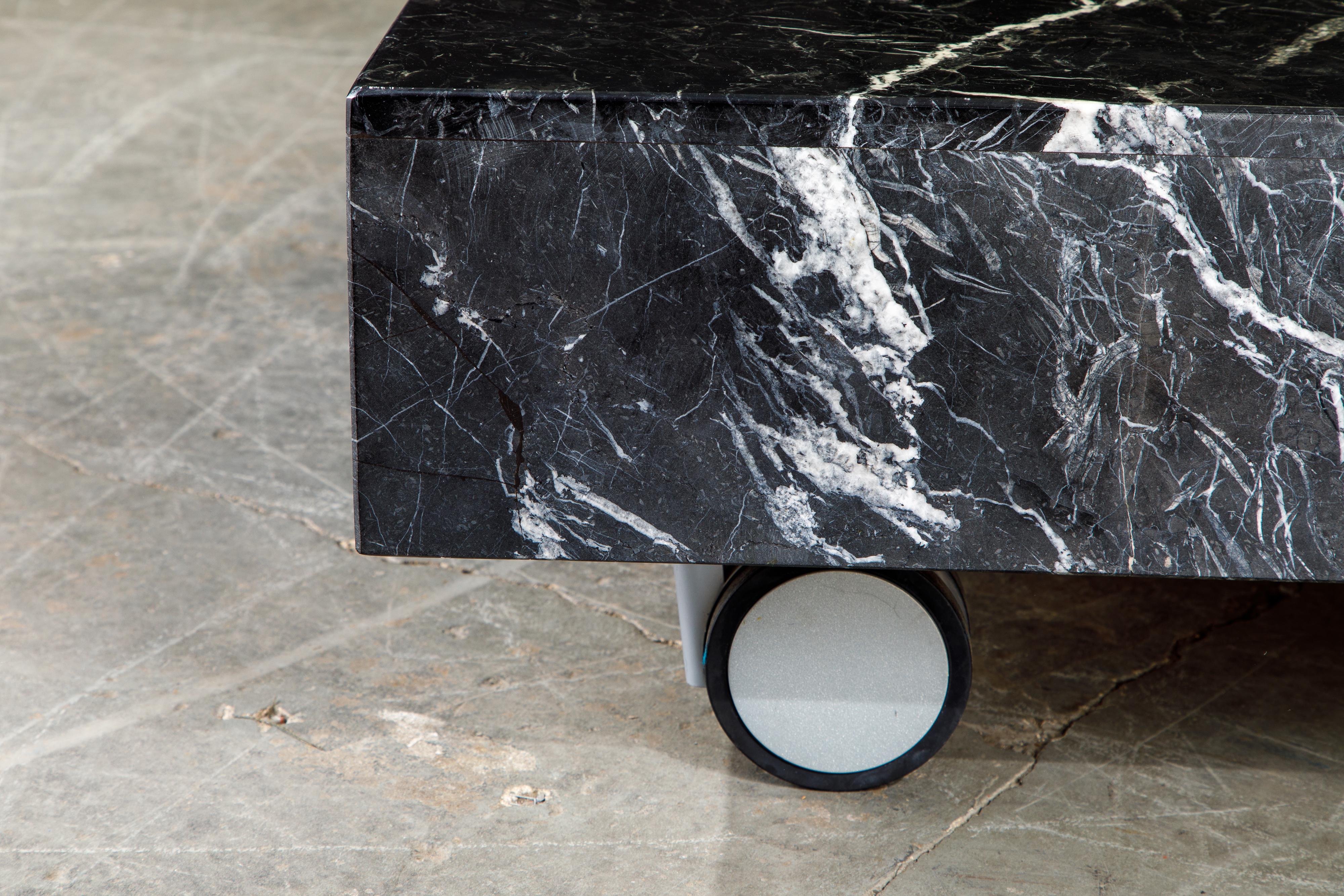 Post-Modern Black Marble Coffee Table on Casters, circa 1990 In Good Condition In Los Angeles, CA
