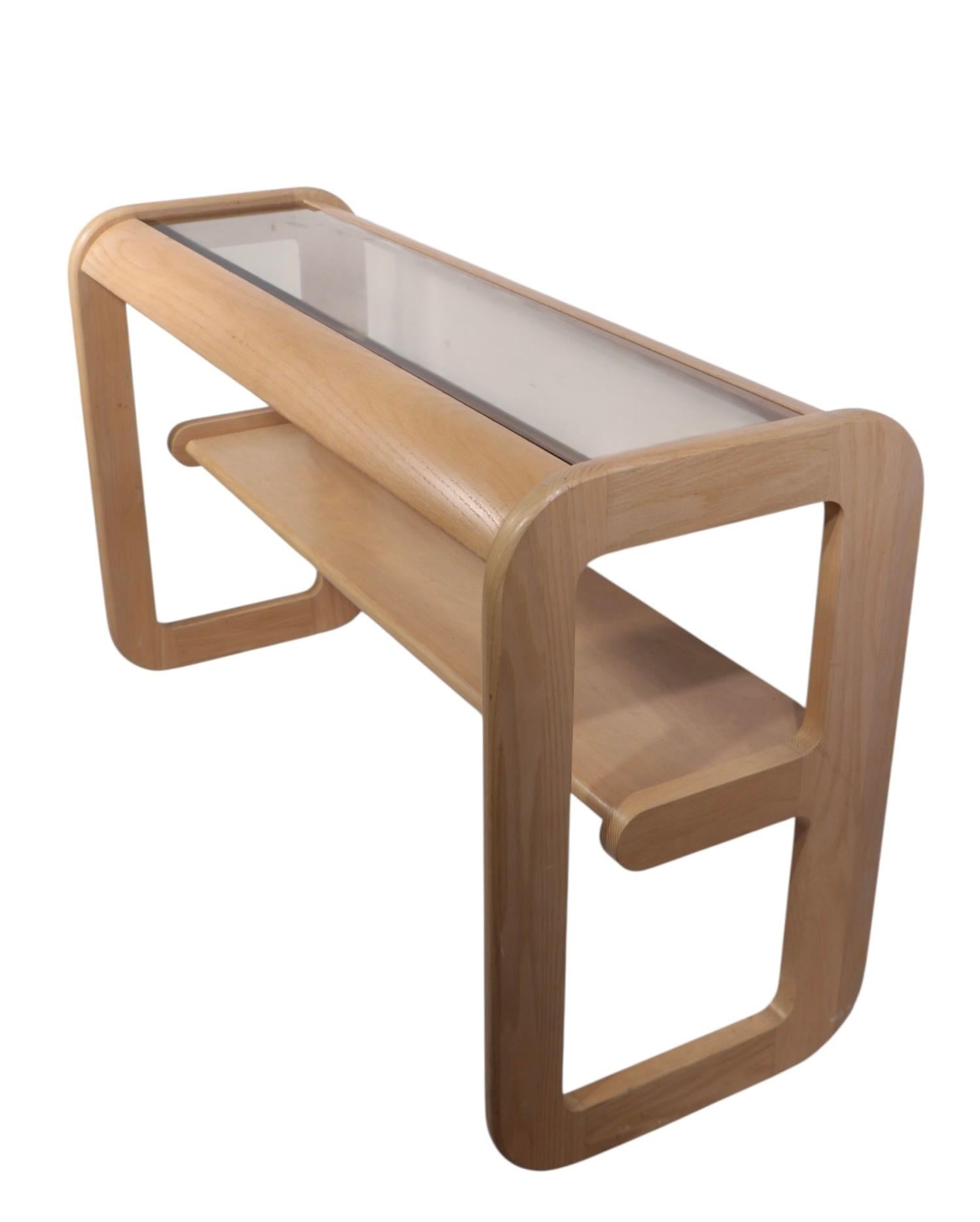 Post Modern Bleached Oak and Tinted Glass Console Table by Lou Hodges c. 1980's For Sale 3
