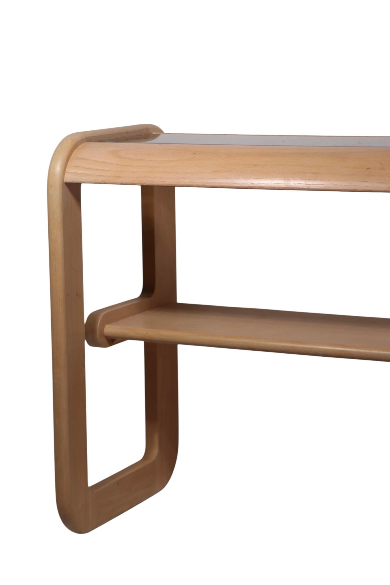 Post Modern Bleached Oak and Tinted Glass Console Table by Lou Hodges c. 1980's For Sale 4