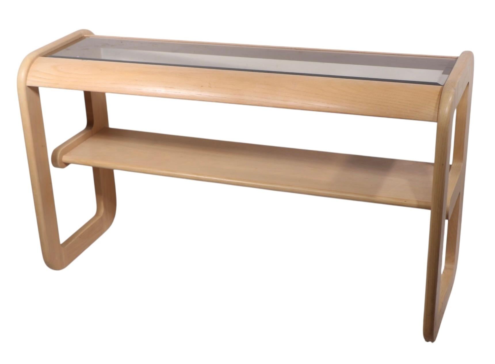 Post Modern Bleached Oak and Tinted Glass Console Table by Lou Hodges c. 1980's For Sale 5