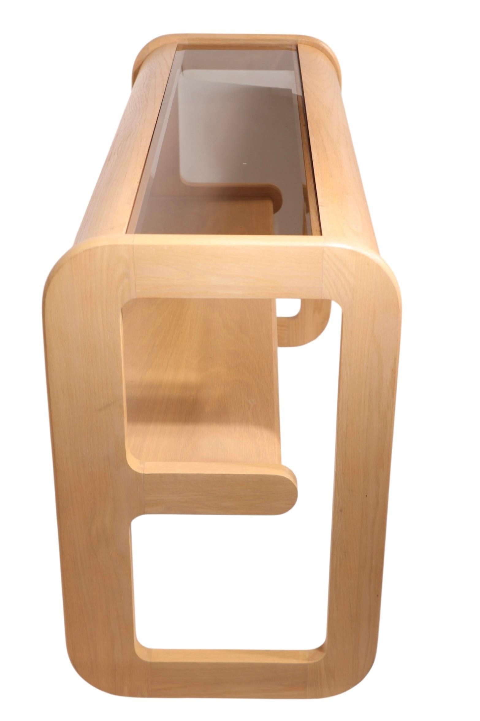 Post Modern Bleached Oak and Tinted Glass Console Table by Lou Hodges c. 1980's For Sale 8
