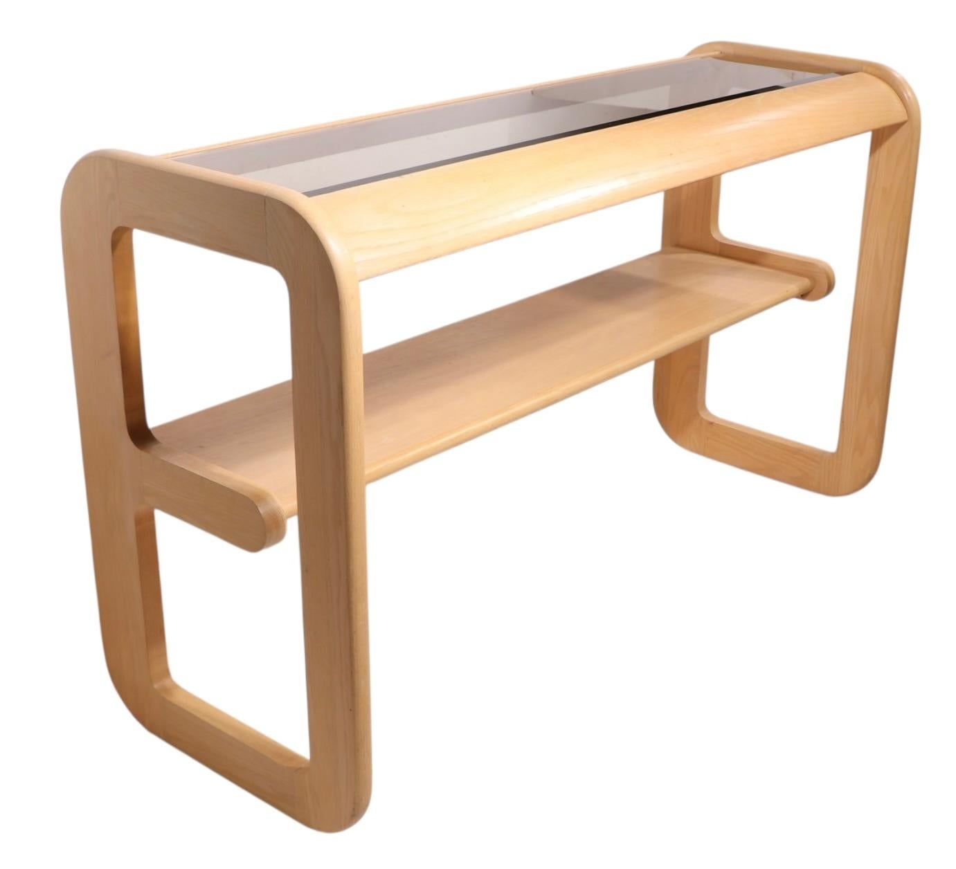Post Modern Bleached Oak and Tinted Glass Console Table by Lou Hodges c. 1980's For Sale 11