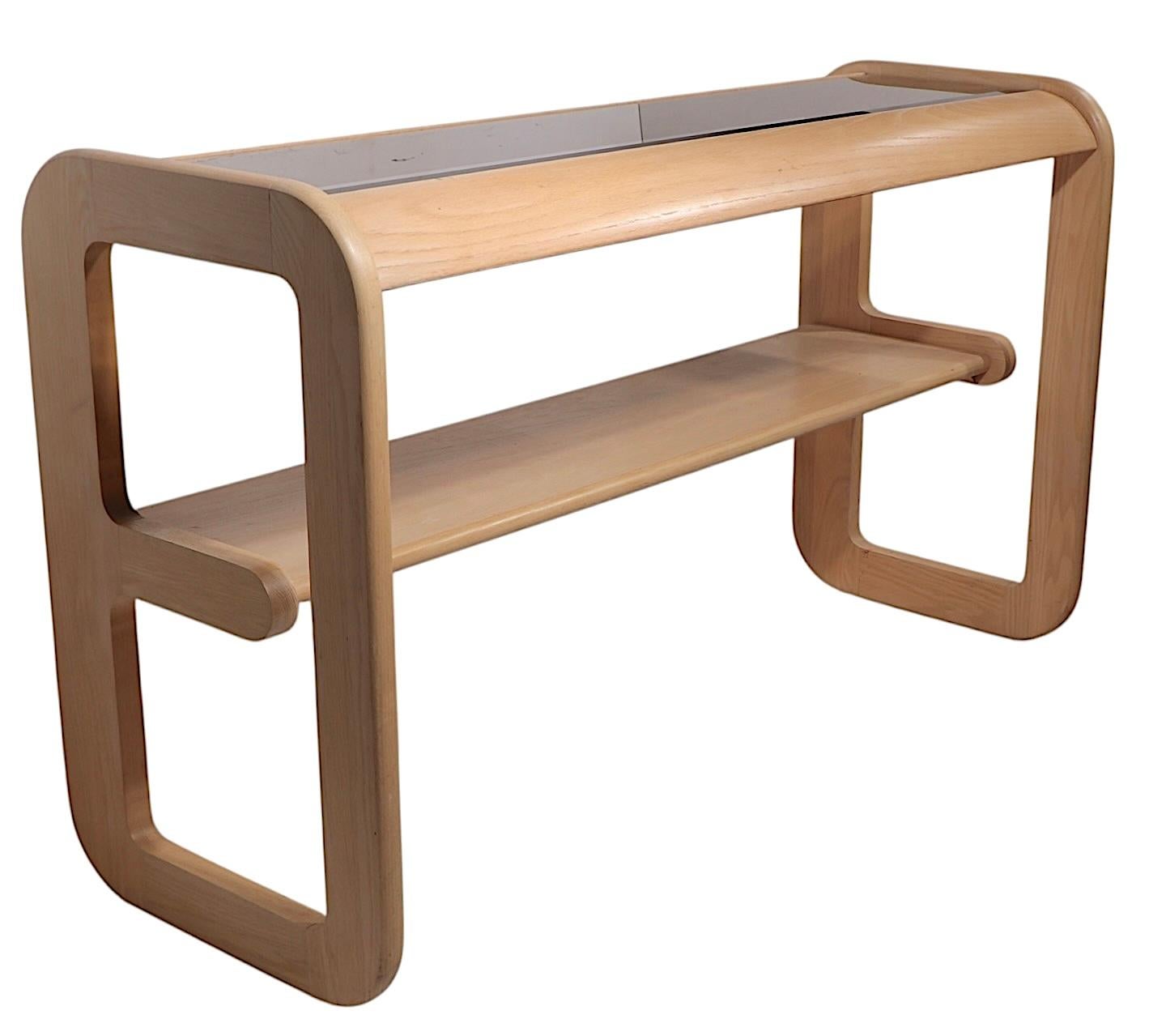 American Post Modern Bleached Oak and Tinted Glass Console Table by Lou Hodges c. 1980's For Sale
