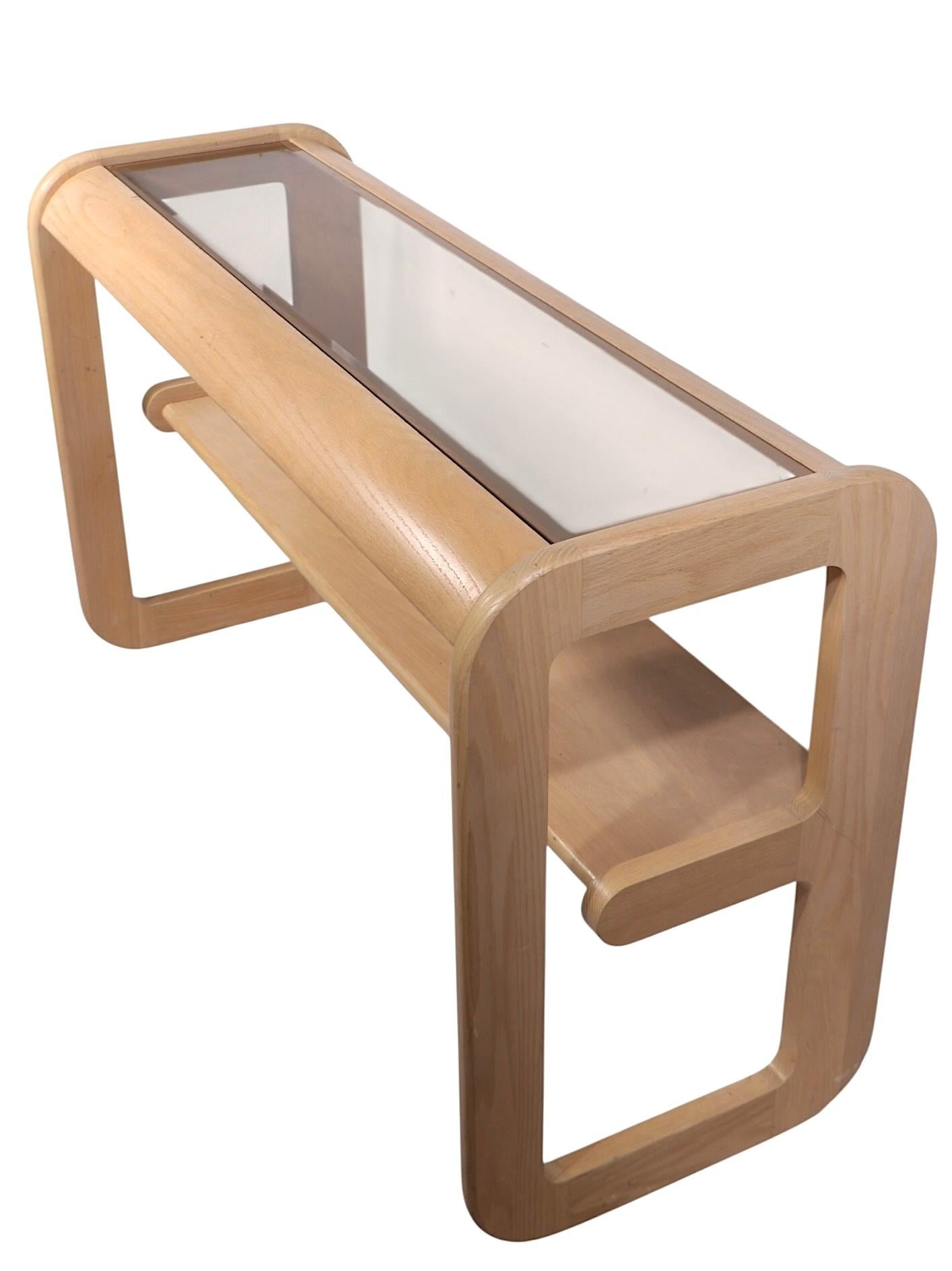 Smoked Glass Post Modern Bleached Oak and Tinted Glass Console Table by Lou Hodges c. 1980's For Sale