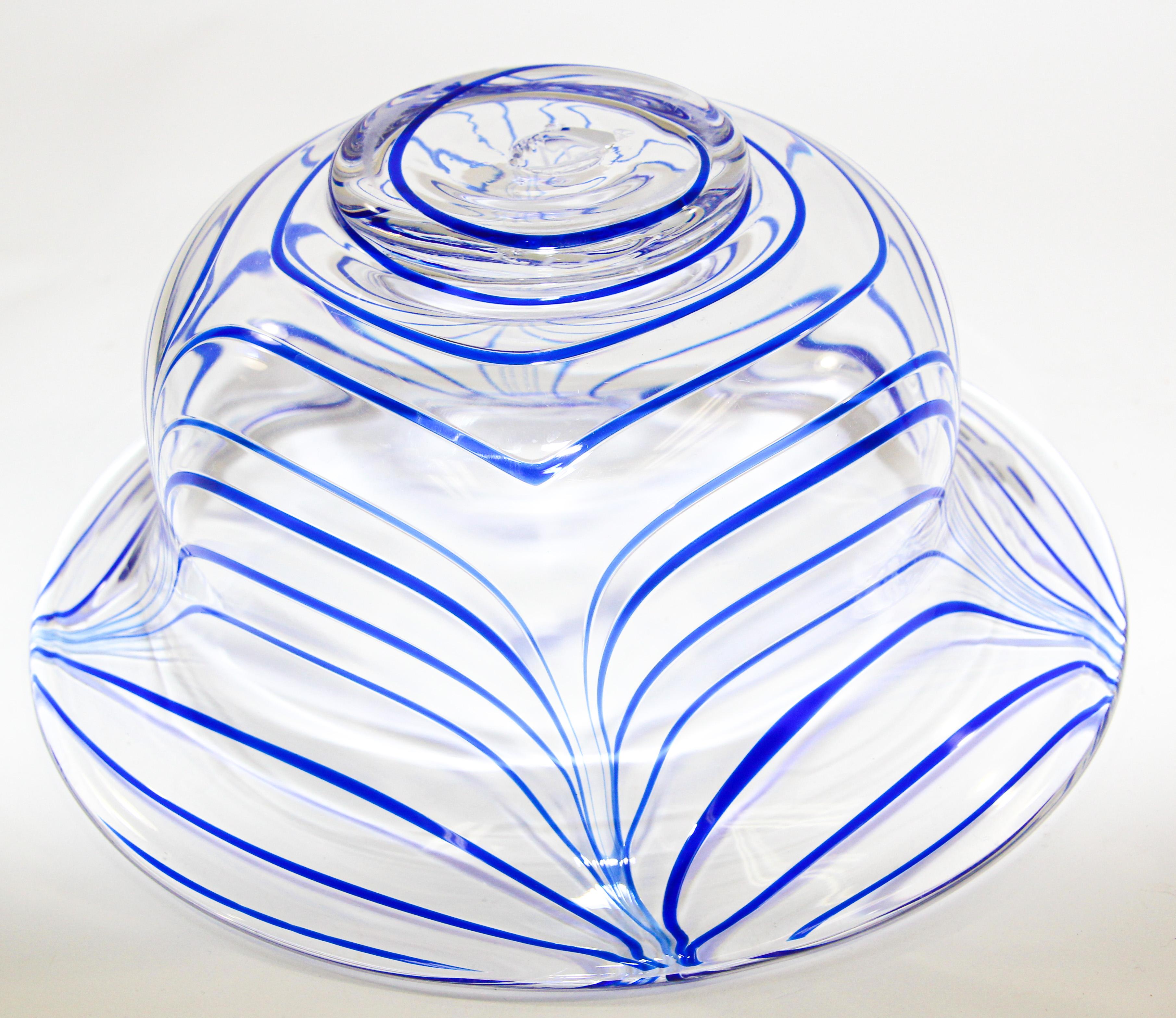 20th Century Post Modern Blue and Clear Large Decorative Hand Blown Murano Art Glass Bowl For Sale