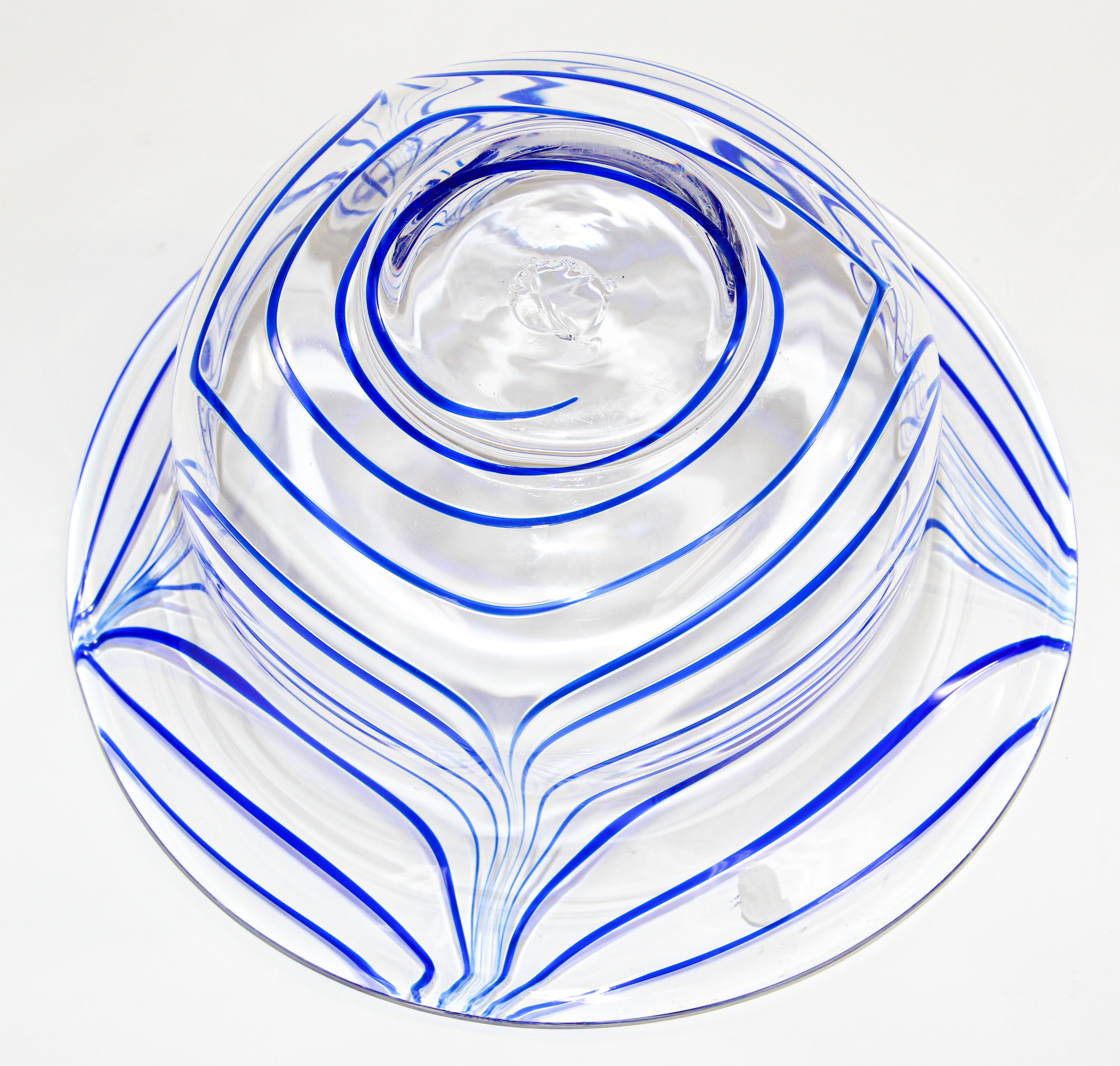 Post Modern Blue and Clear Large Decorative Hand Blown Murano Art Glass Bowl For Sale 3