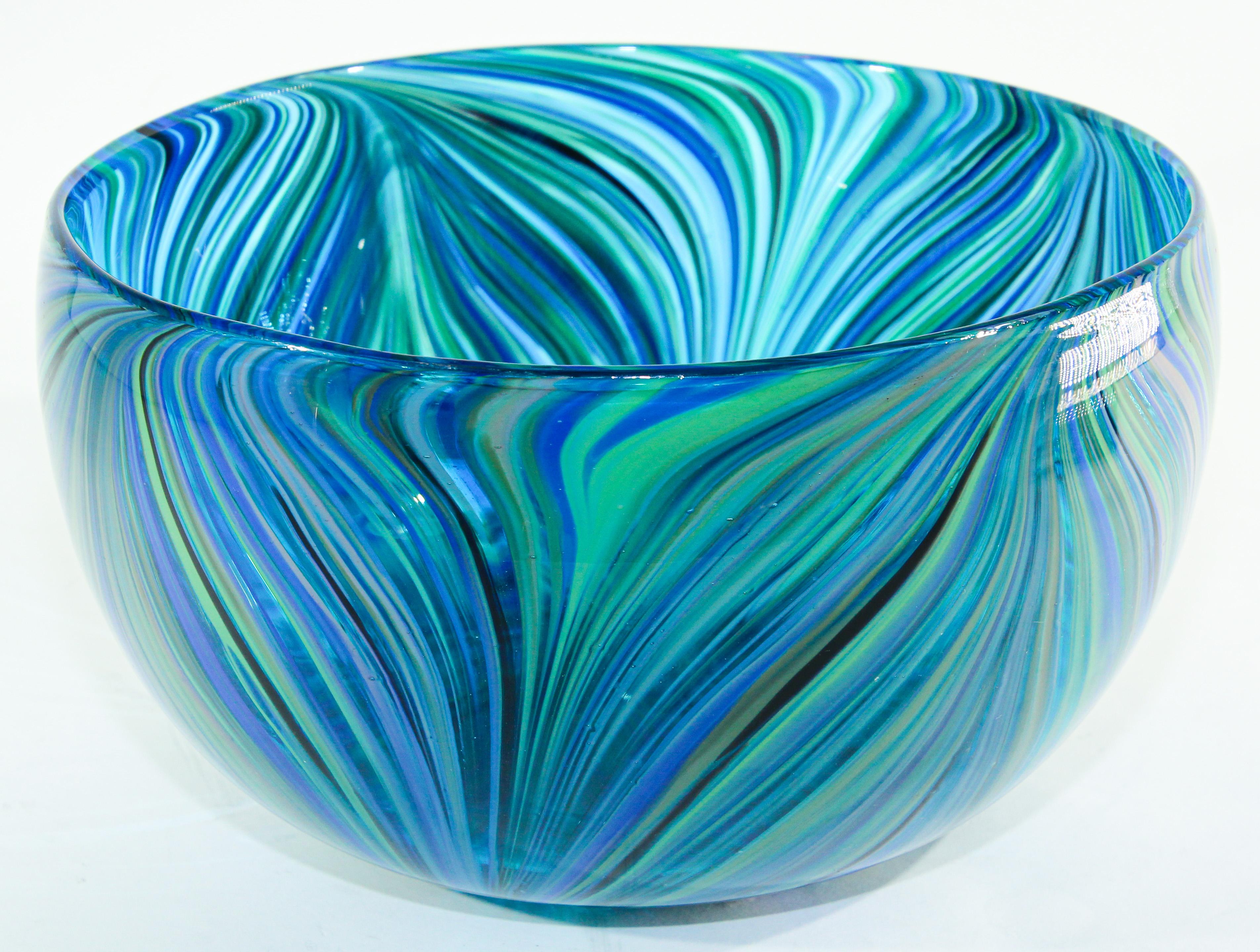 Post Modern Blue and Clear Large Decorative Hand Blown Murano Art Glass Bowl 6