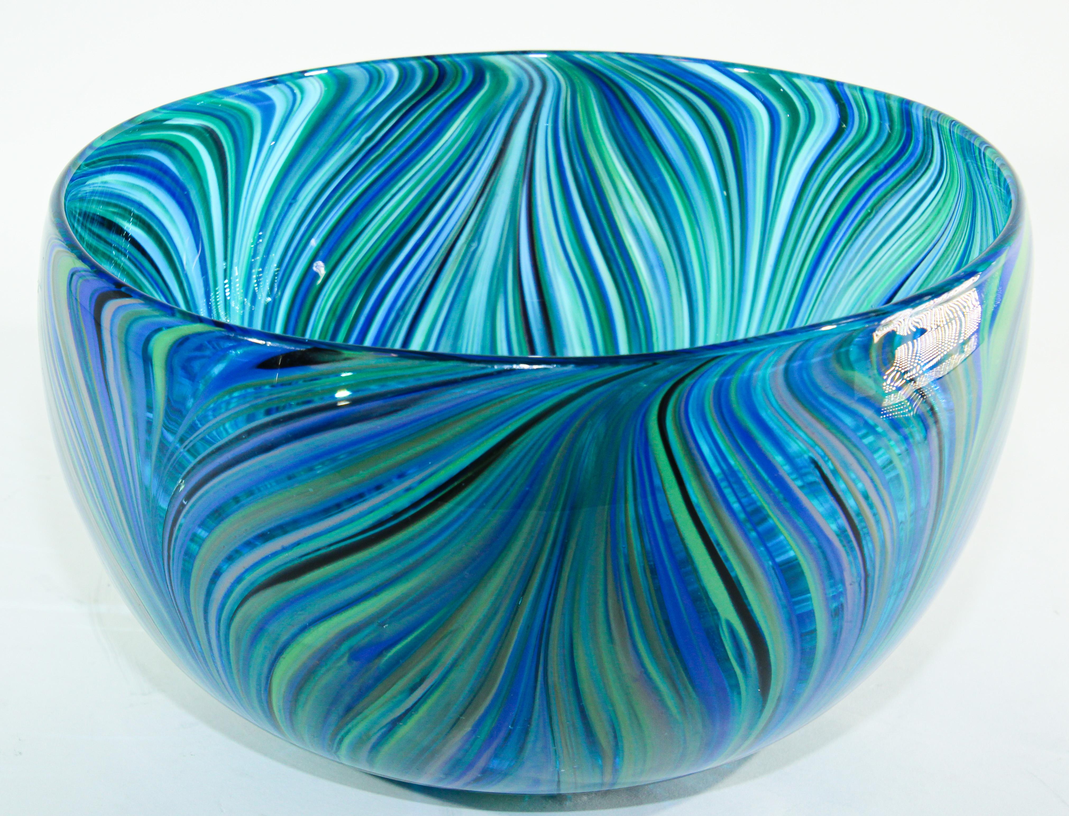 Post Modern Blue and Clear Large Decorative Hand Blown Murano Art Glass Bowl 7