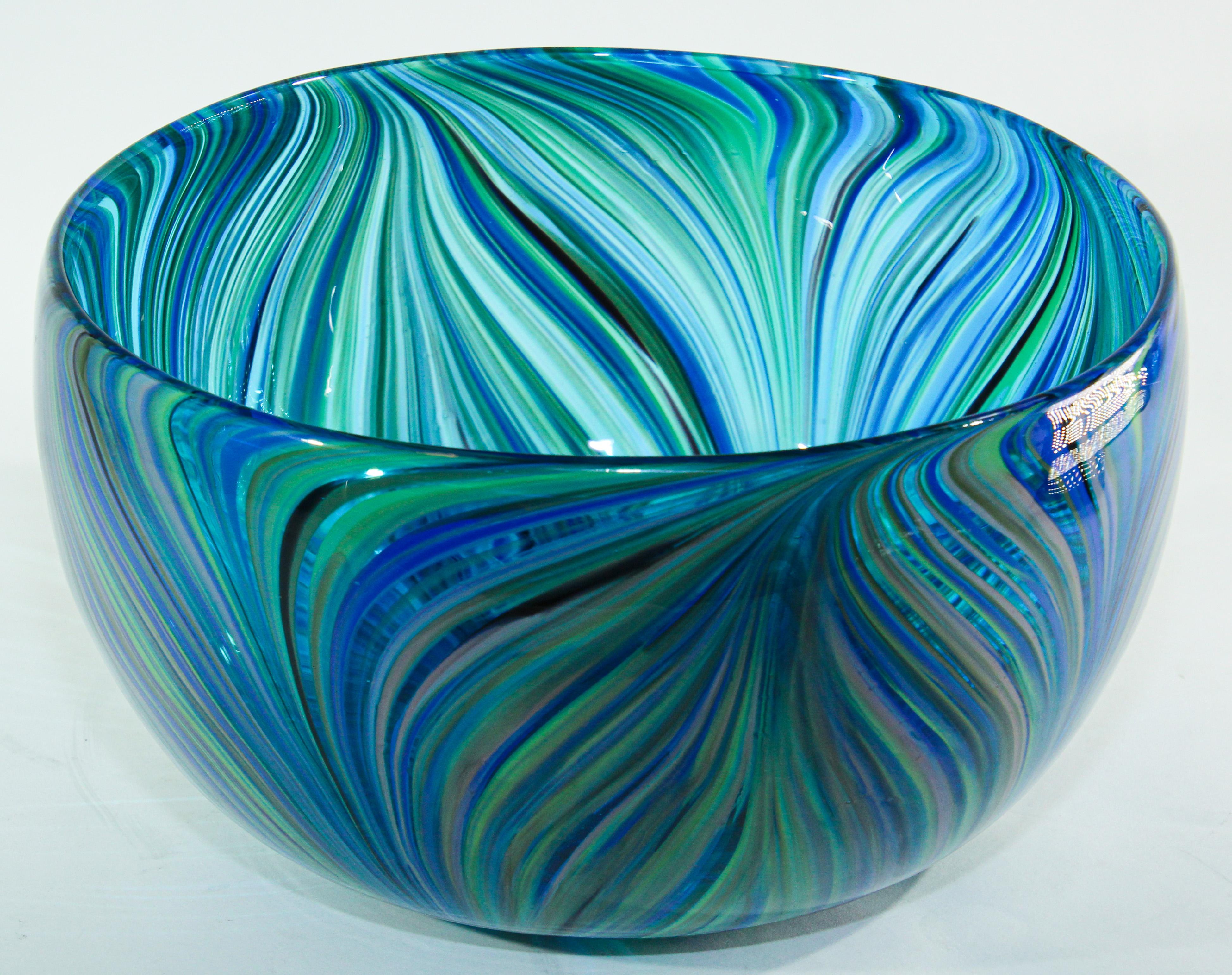 Post Modern Blue and Clear Large Decorative Hand Blown Murano Art Glass Bowl 9