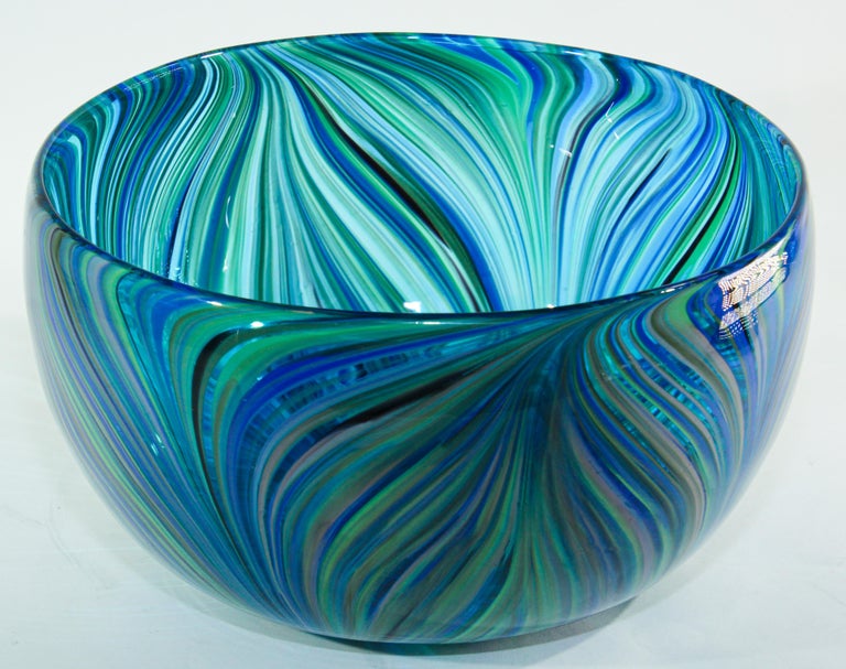 Post Modern Blue and Clear Large Decorative Hand Blown Murano Art Glass Bowl at 1stDibs large